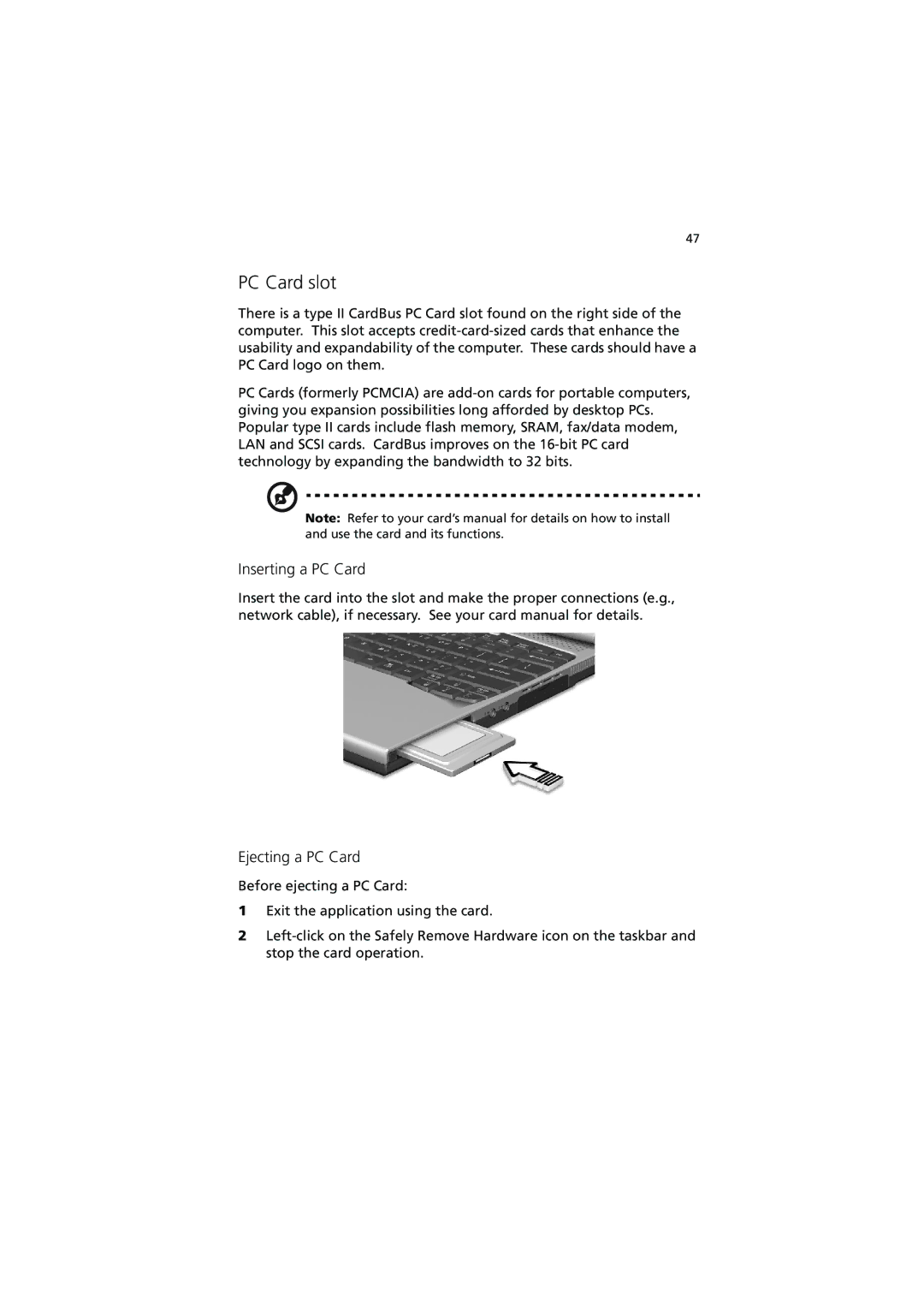 Acer C110 Series manual PC Card slot, Inserting a PC Card, Ejecting a PC Card 