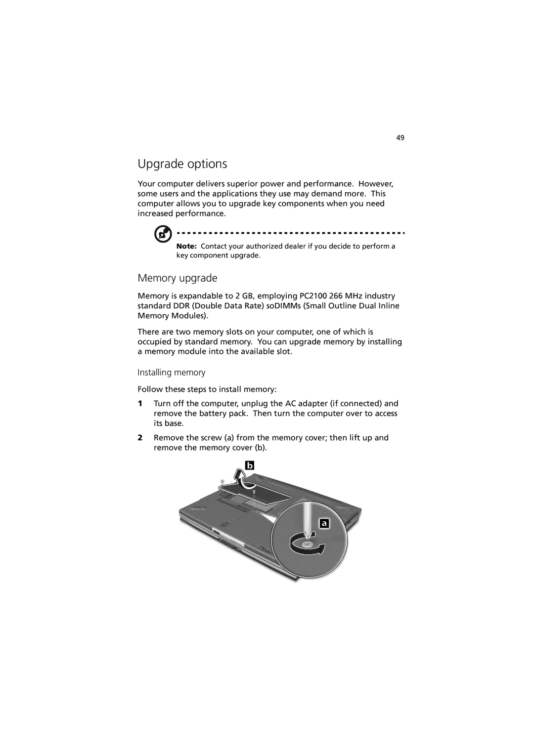 Acer C110 Series manual Upgrade options, Memory upgrade, Installing memory 