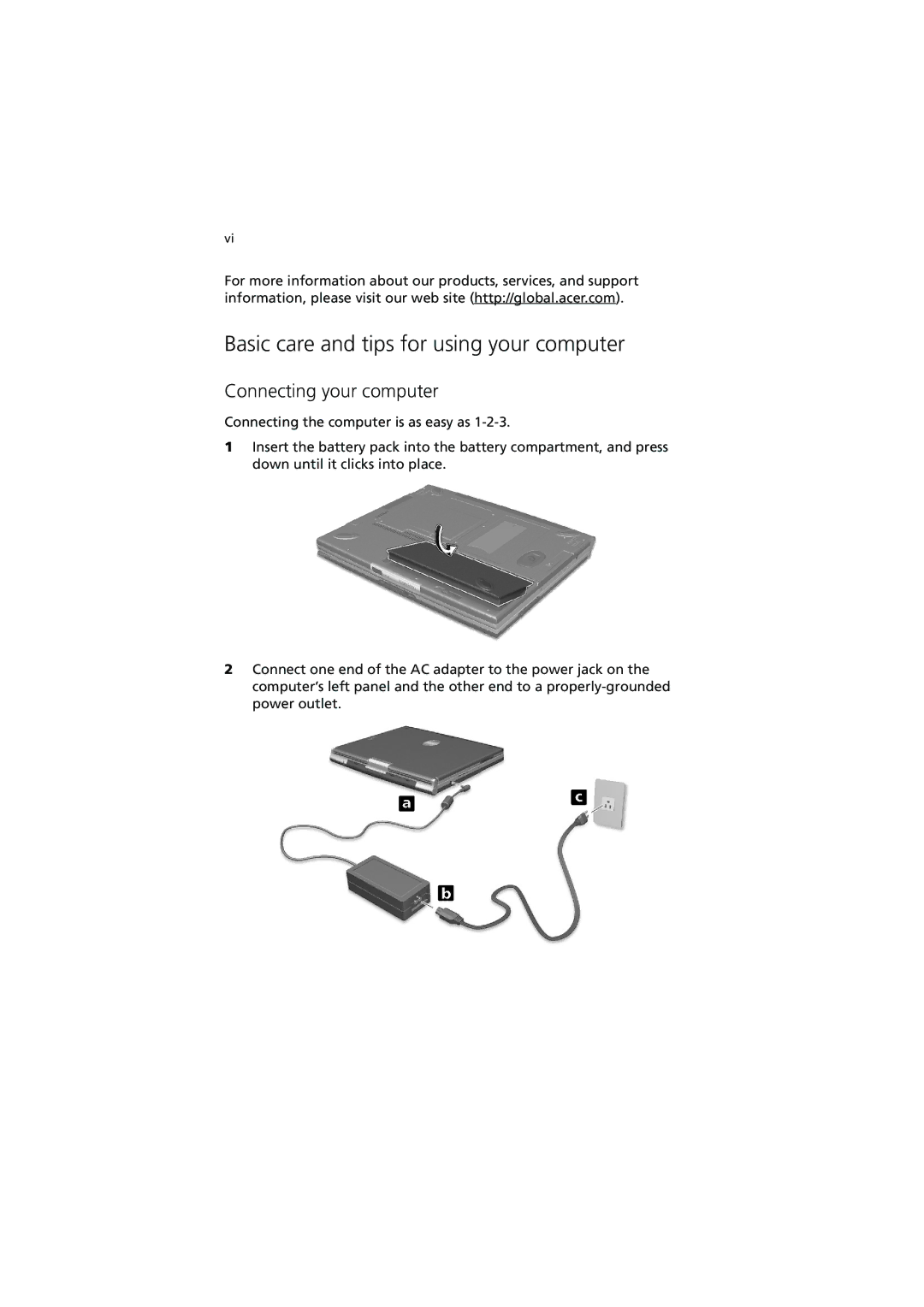 Acer C110 Series manual Basic care and tips for using your computer, Connecting your computer 