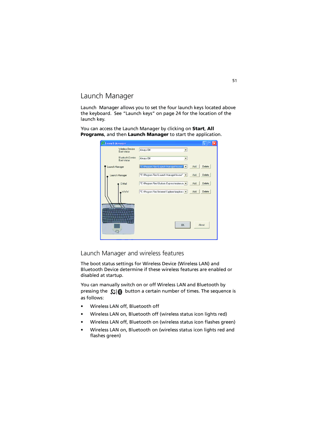 Acer C110 Series manual Launch Manager and wireless features 