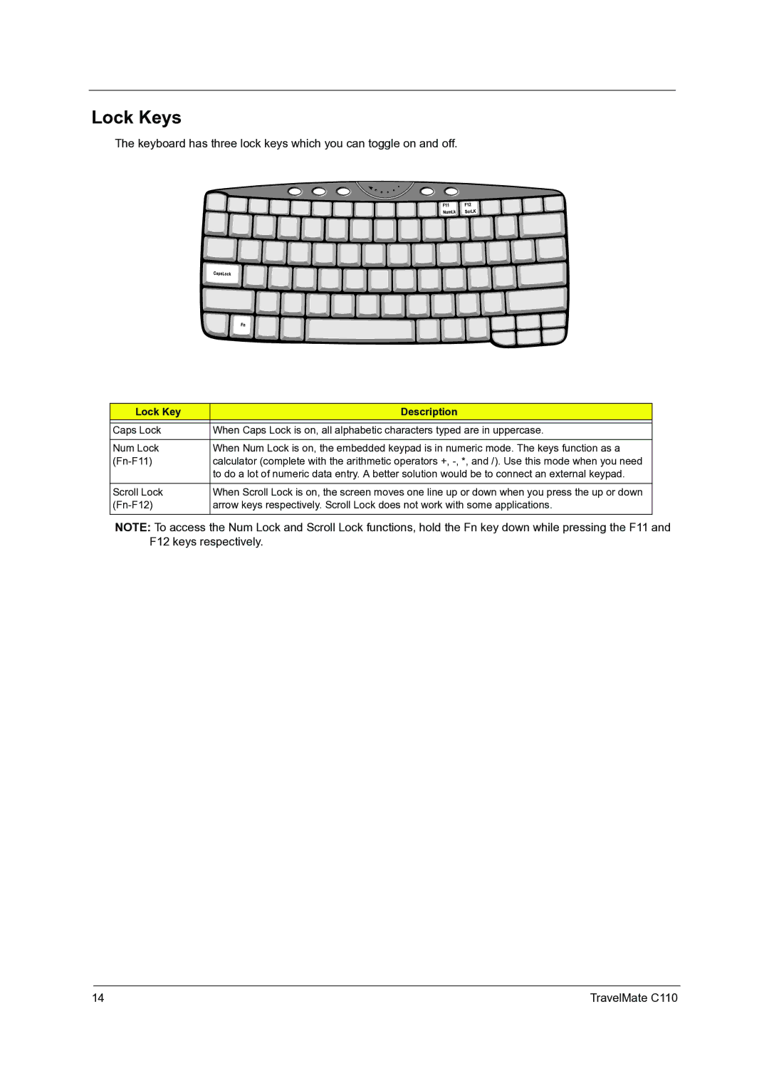 Acer C110 manual Lock Keys, Lock Key Description 