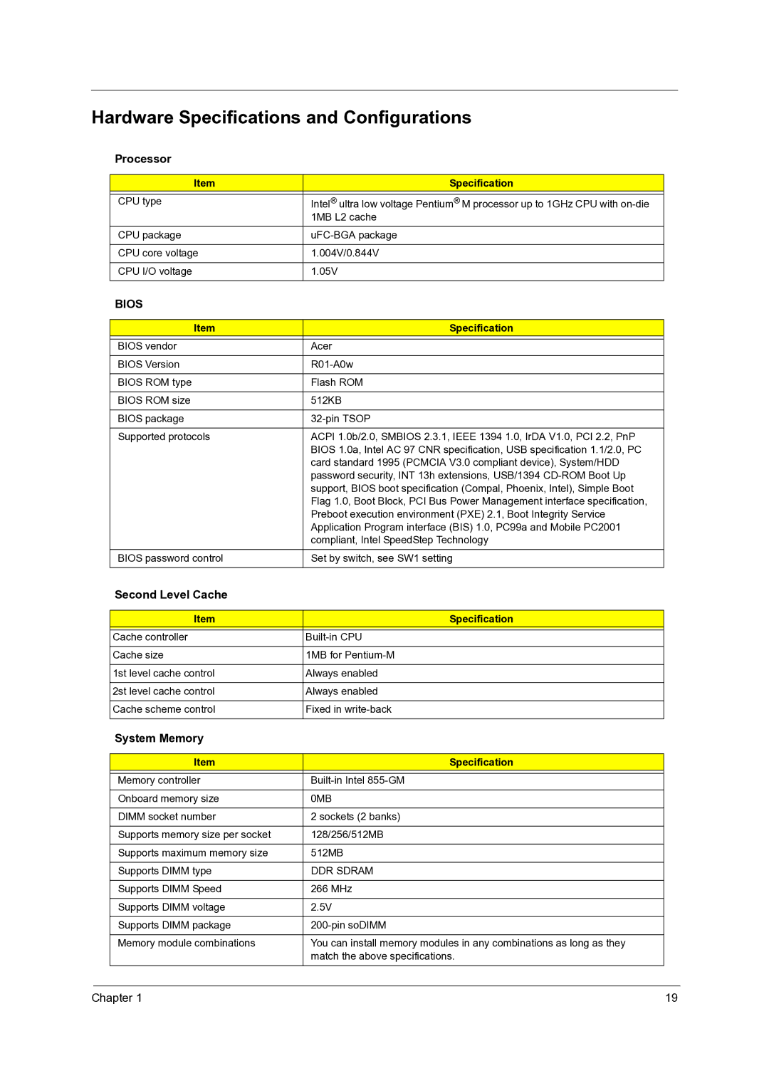 Acer C110 manual Hardware Specifications and Configurations, Processor, Second Level Cache, System Memory 