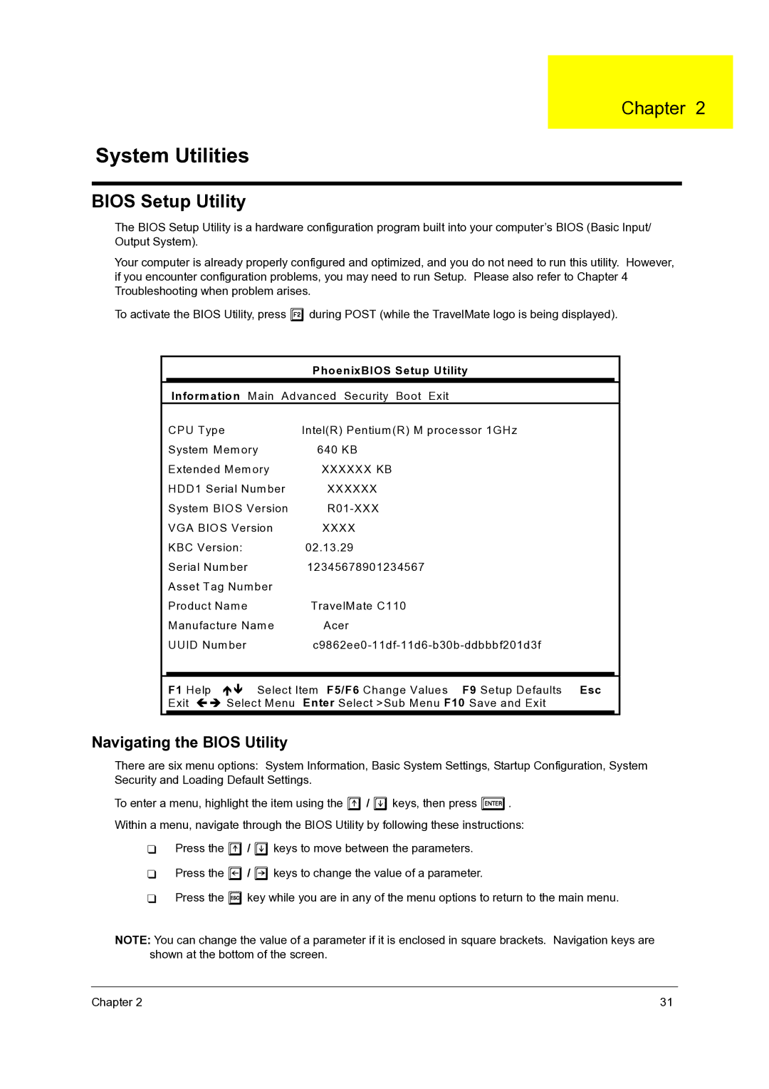 Acer C110 manual Bios Setup Utility, Navigating the Bios Utility, PhoenixBIOS Setup Utility 