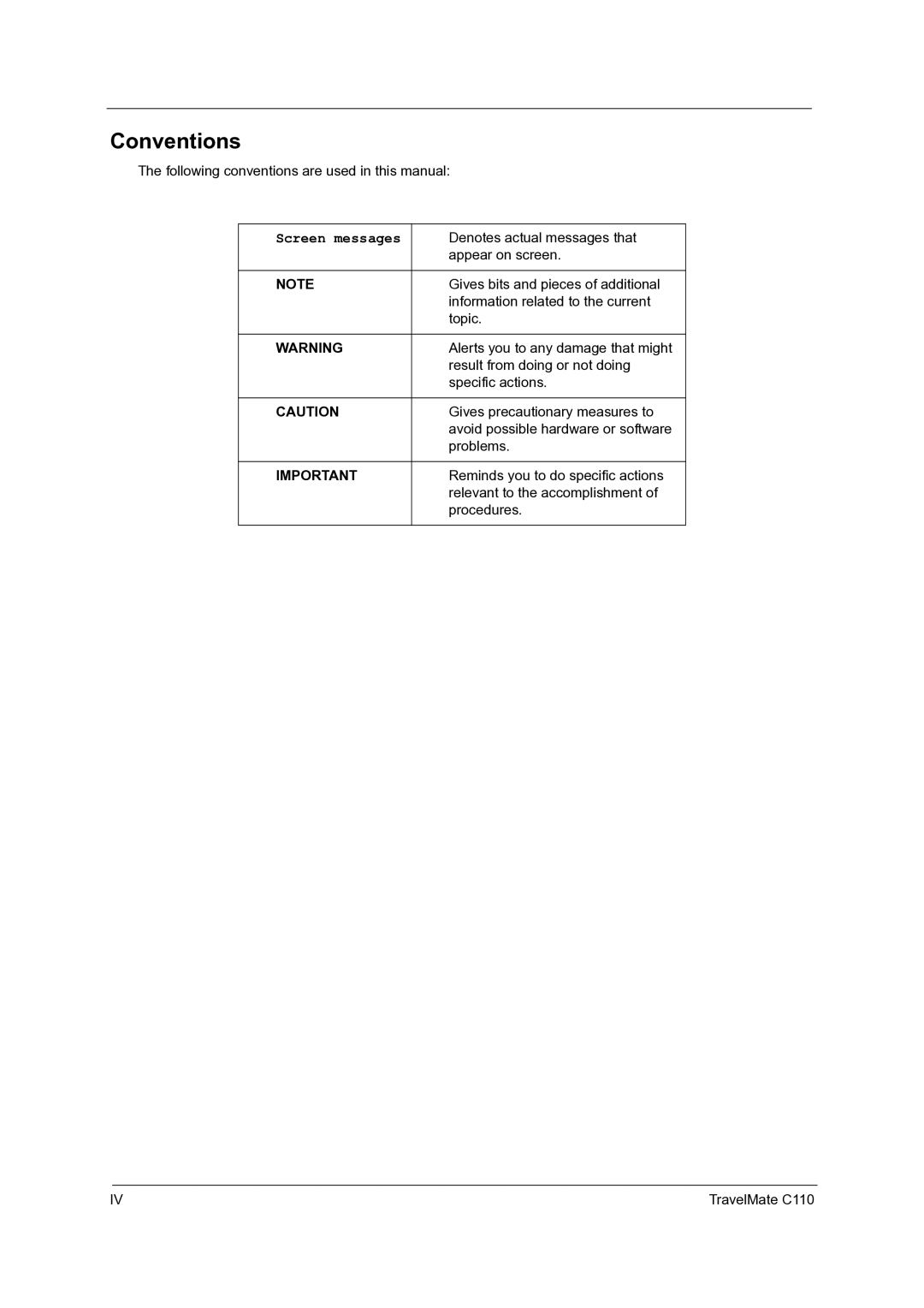 Acer C110 manual Conventions, Screen messages 