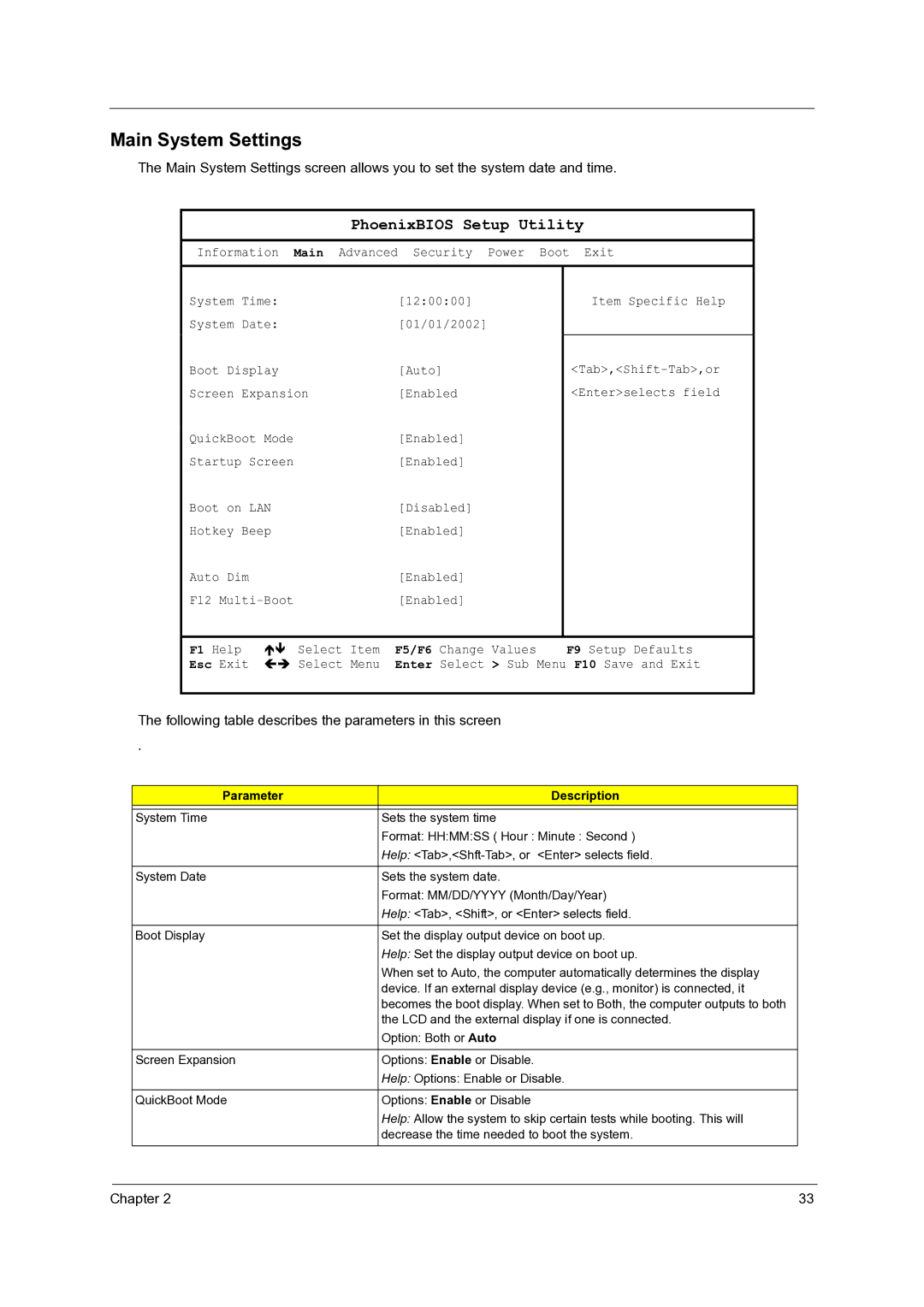 Acer C110 manual Main System Settings, PhoenixBIOS Setup Utility 