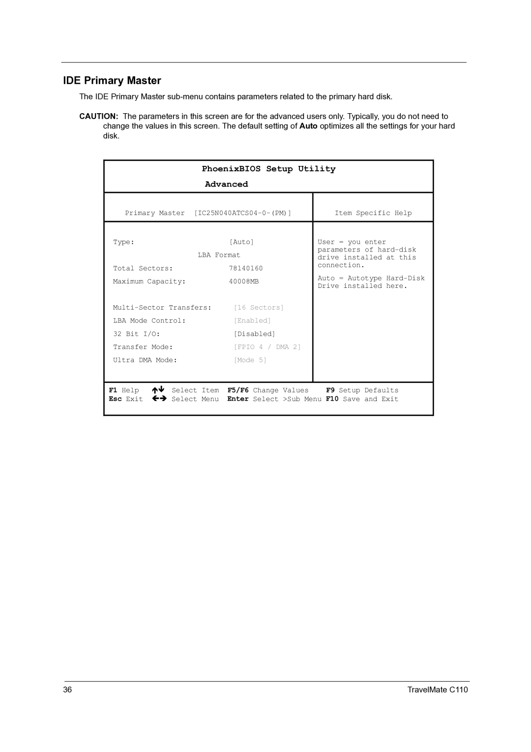 Acer C110 manual IDE Primary Master, PhoenixBIOS Setup Utility Advanced 