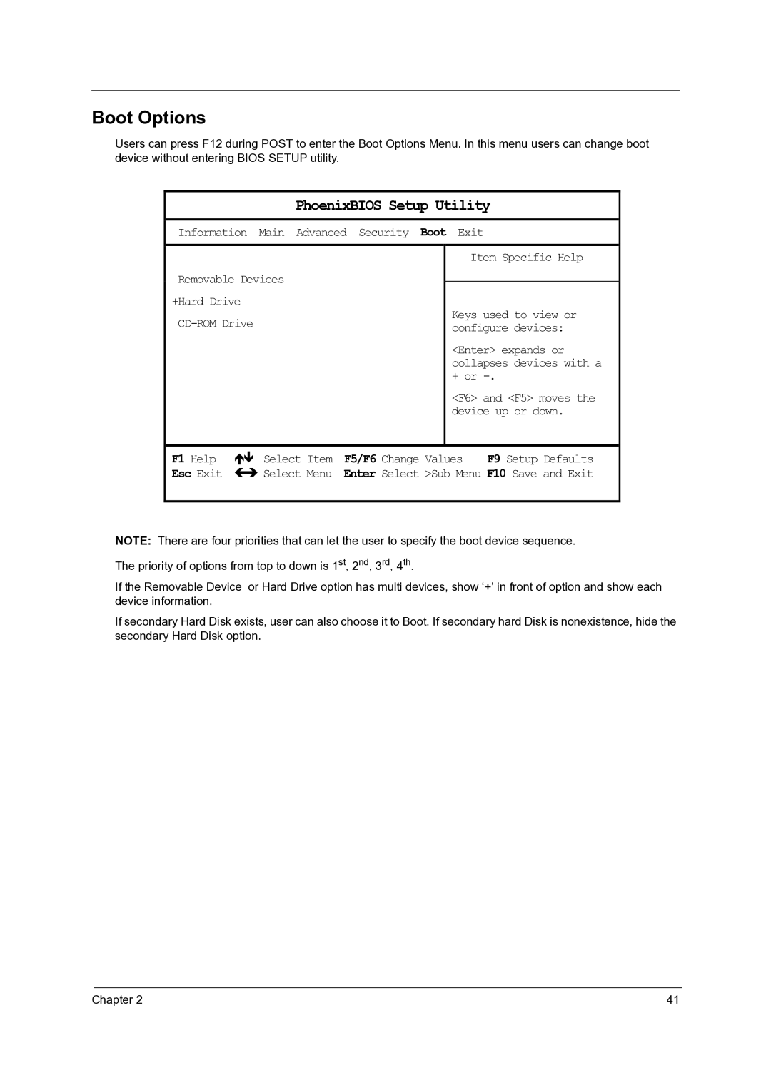 Acer C110 manual Boot Options, PhoenixBIOS Setup Utility 