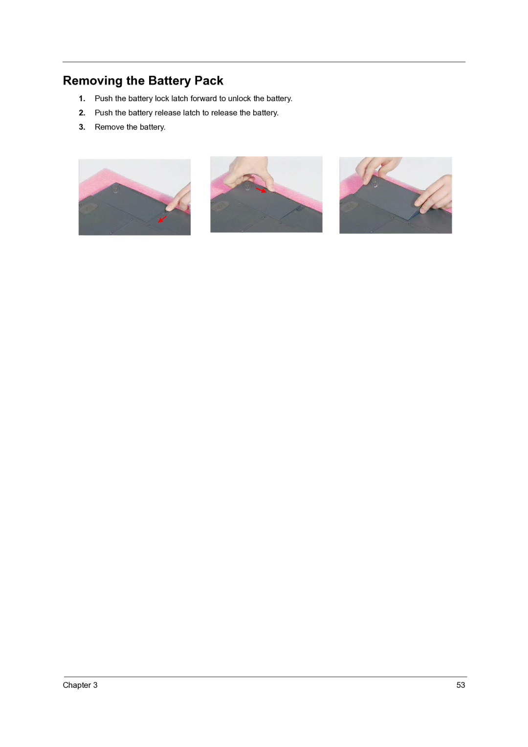 Acer C110 manual Removing the Battery Pack 