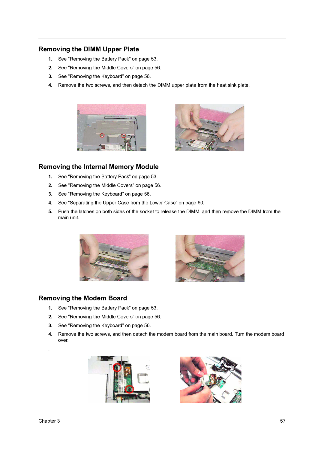 Acer C110 manual Removing the Dimm Upper Plate, Removing the Internal Memory Module, Removing the Modem Board 