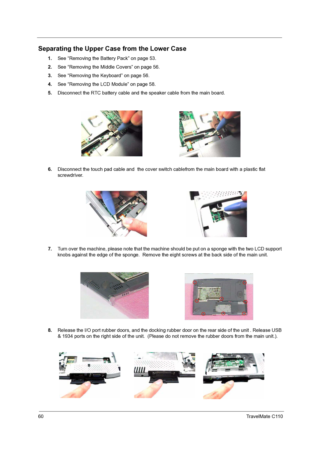 Acer C110 manual Separating the Upper Case from the Lower Case 