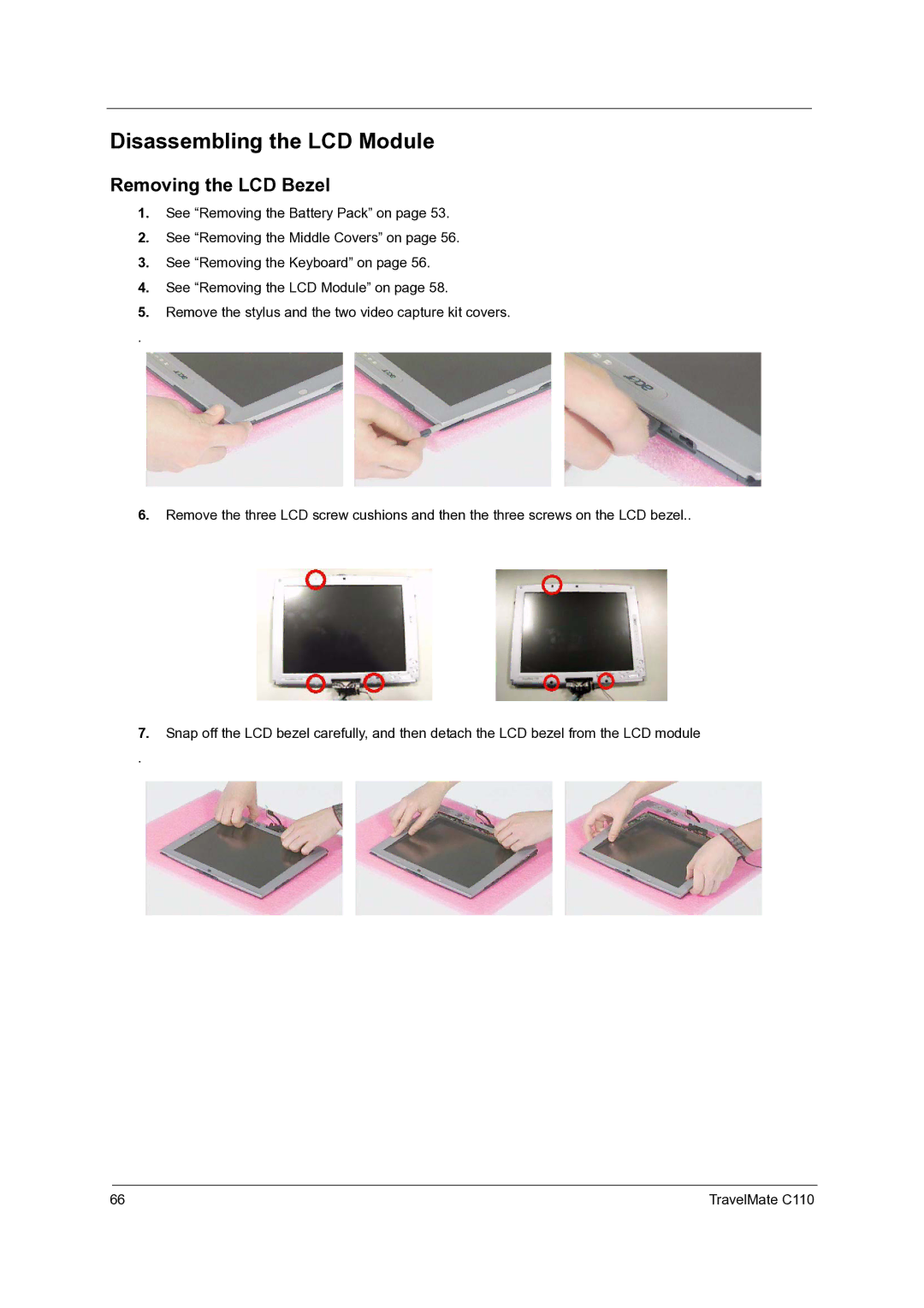 Acer C110 manual Disassembling the LCD Module, Removing the LCD Bezel 