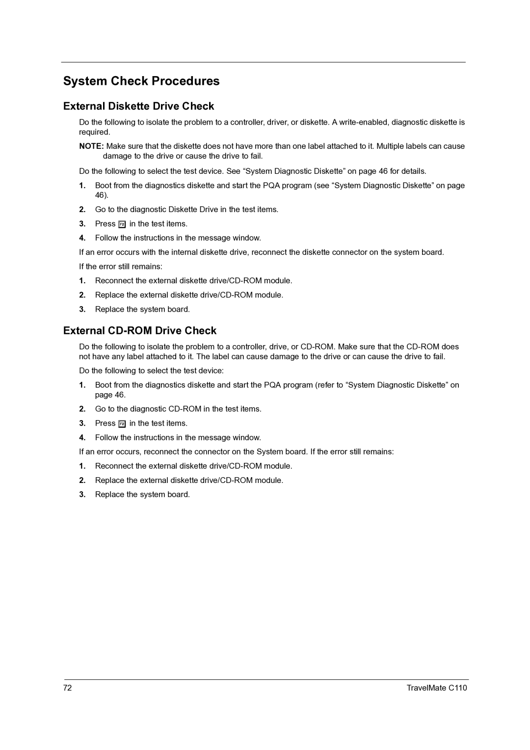 Acer C110 manual System Check Procedures, External Diskette Drive Check, External CD-ROM Drive Check 