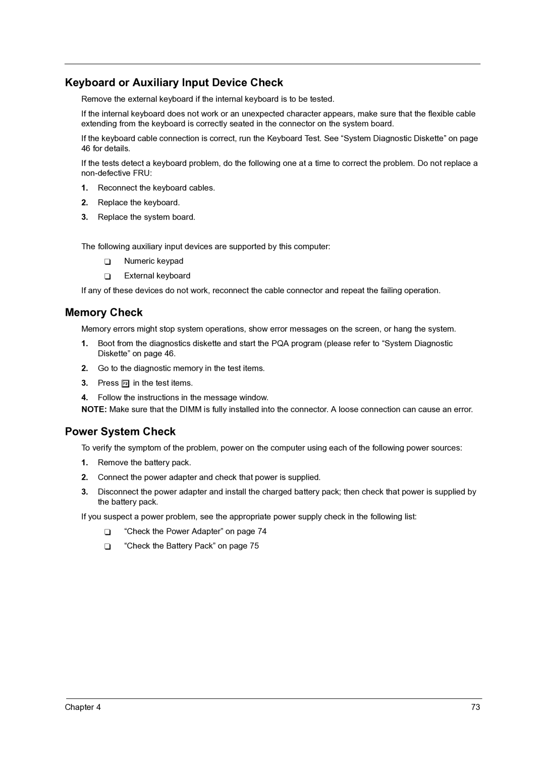 Acer C110 manual Keyboard or Auxiliary Input Device Check, Memory Check, Power System Check 