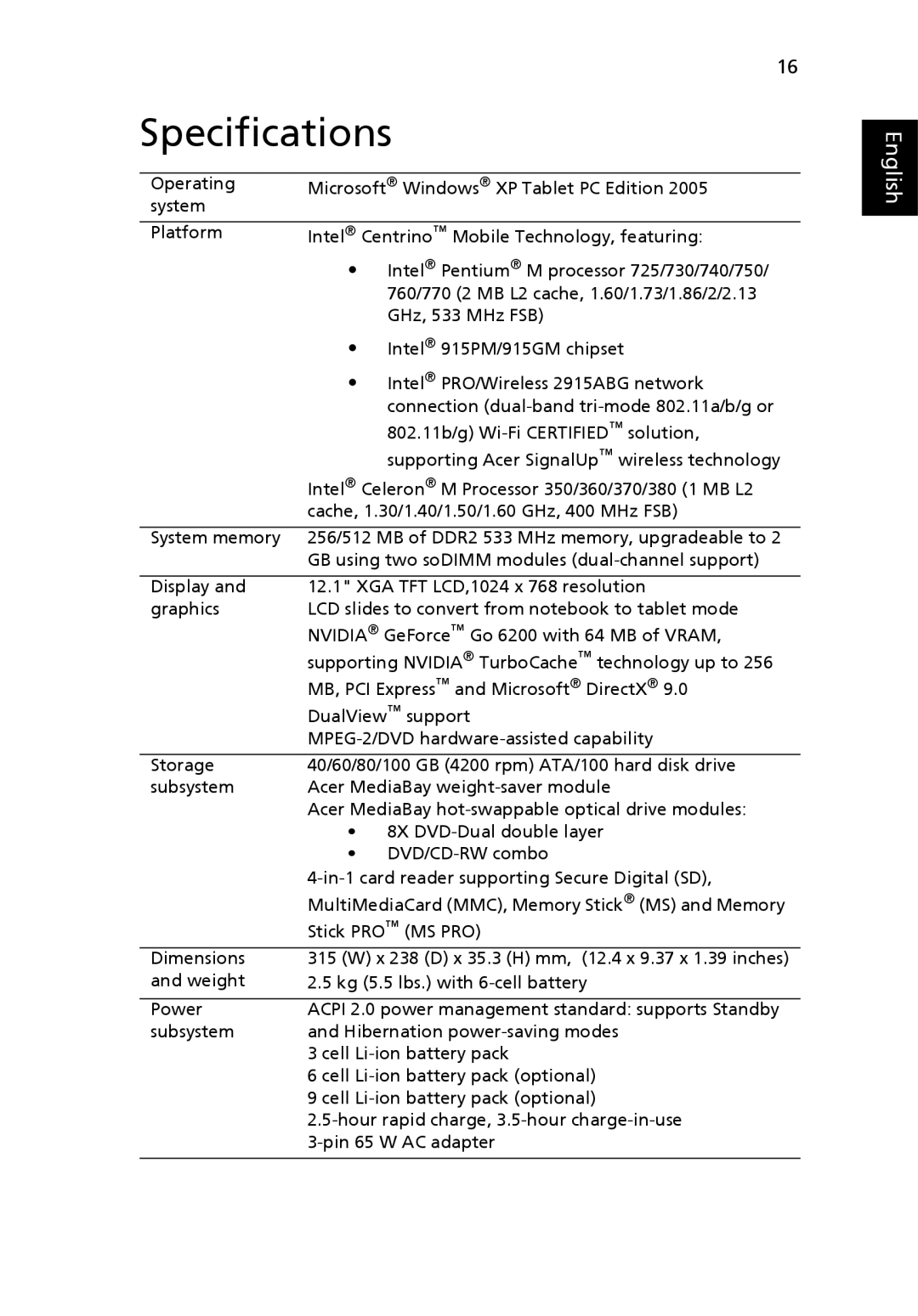 Acer C200 Series manual Specifications 