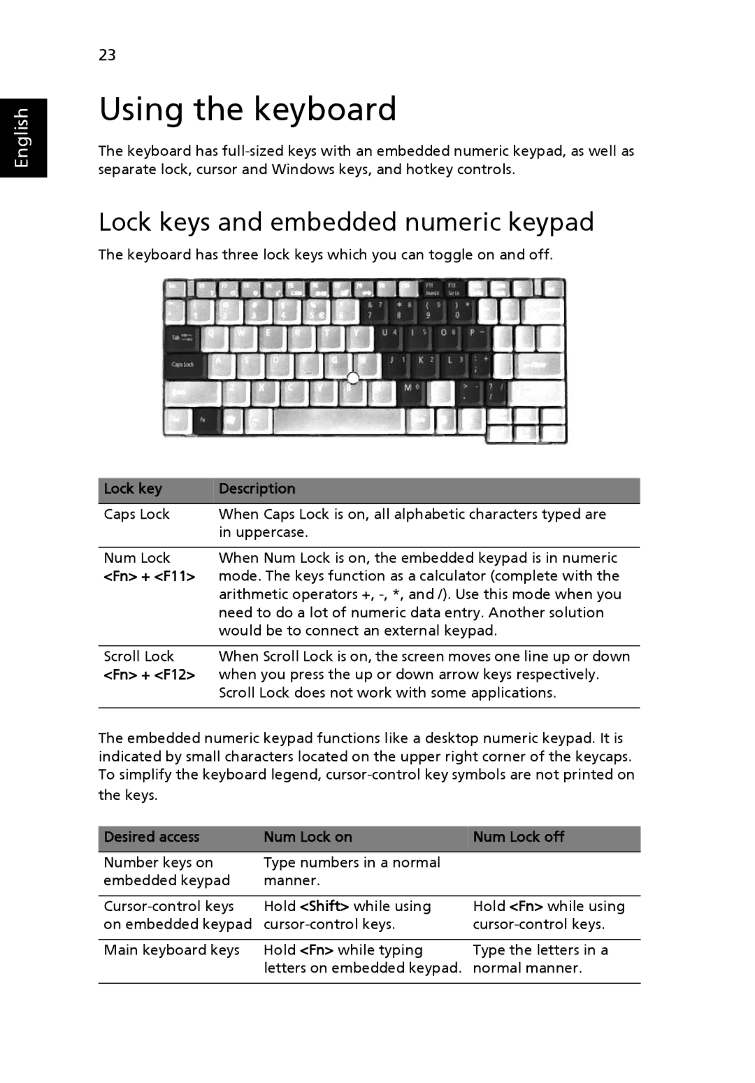 Acer C200 Series manual Using the keyboard, Lock keys and embedded numeric keypad 