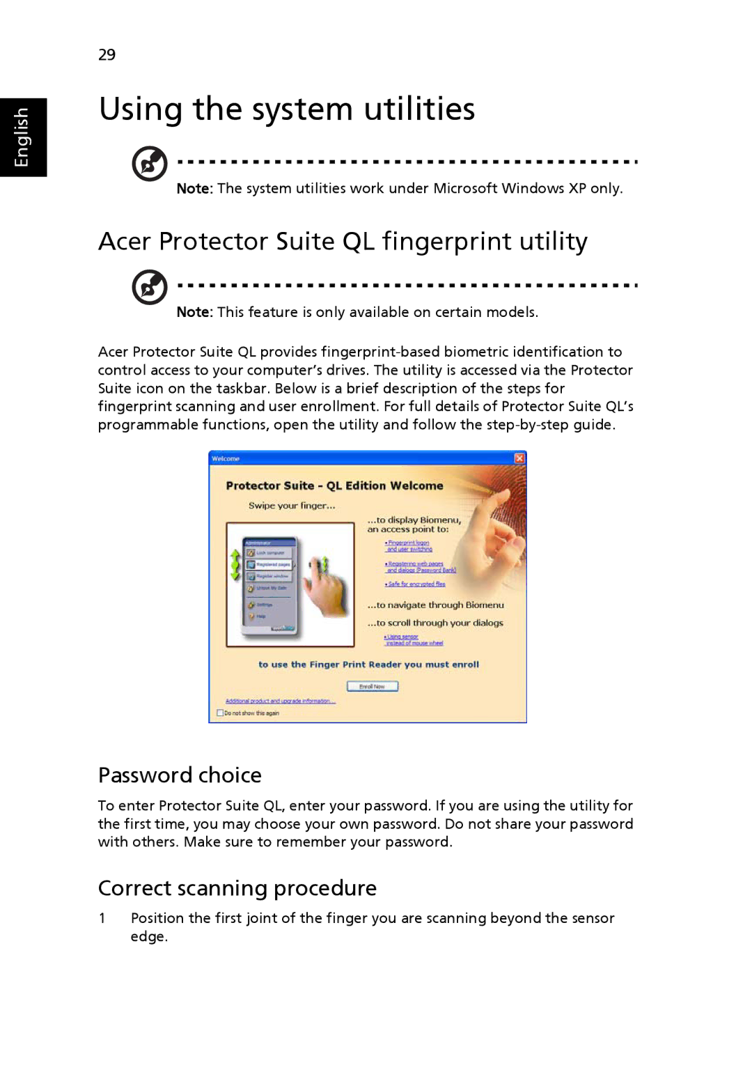 Acer C200 Series manual Using the system utilities, Acer Protector Suite QL fingerprint utility, Password choice 