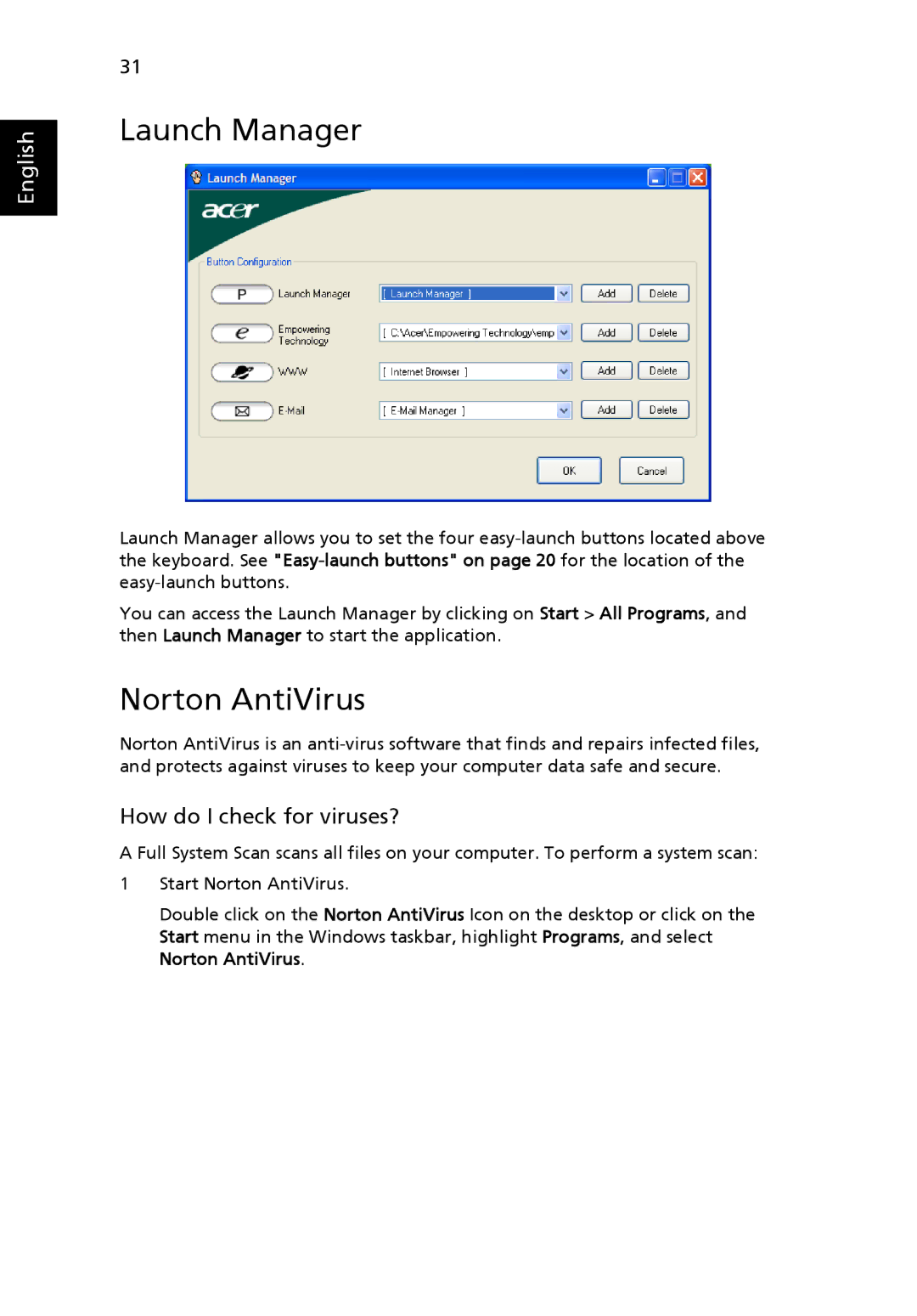 Acer C200 Series manual Launch Manager, Norton AntiVirus 