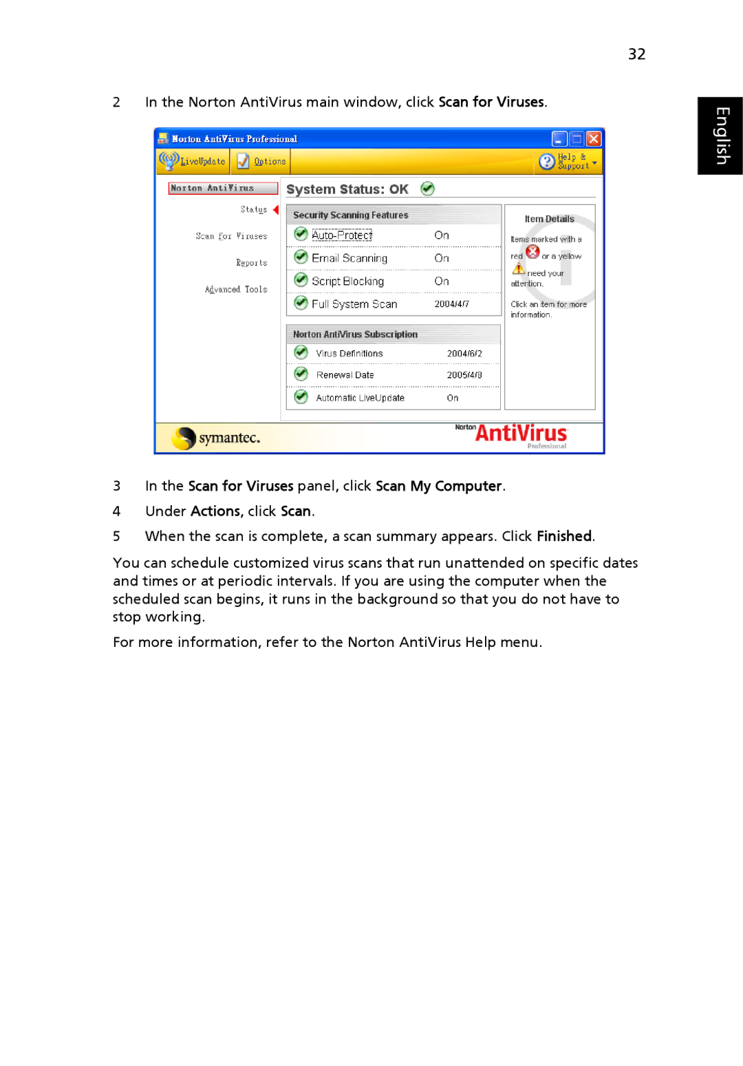 Acer C200 Series manual Scan for Viruses panel, click Scan My Computer 