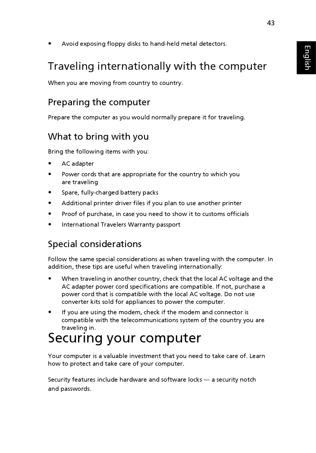 Acer C200 Series manual Securing your computer, Traveling internationally with the computer, What to bring with you 