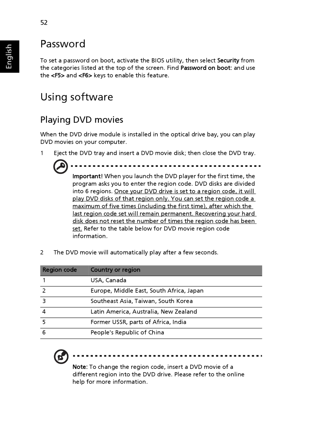 Acer C200 Series manual Password, Using software, Playing DVD movies, Region code Country or region 