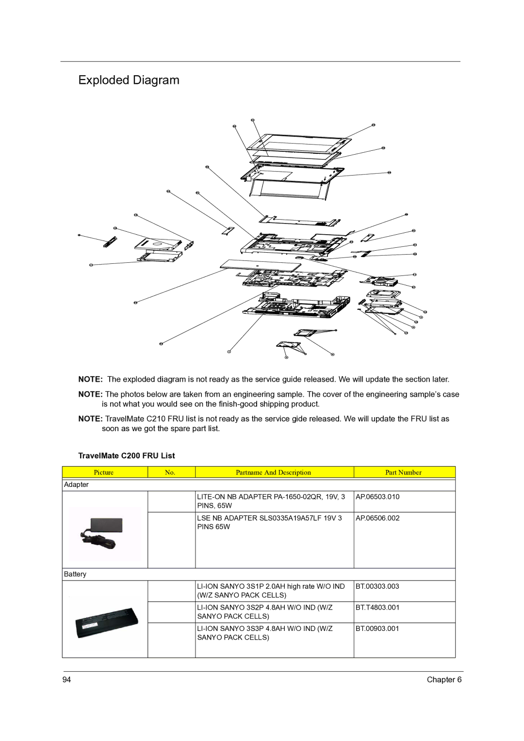 Acer C210 manual TravelMate C200 FRU List 