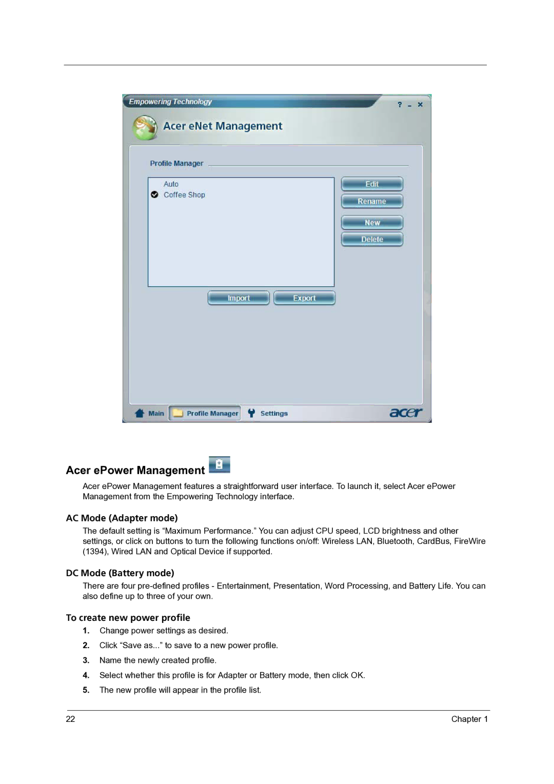 Acer C210 manual Acer ePower Management, AC Mode Adapter mode 