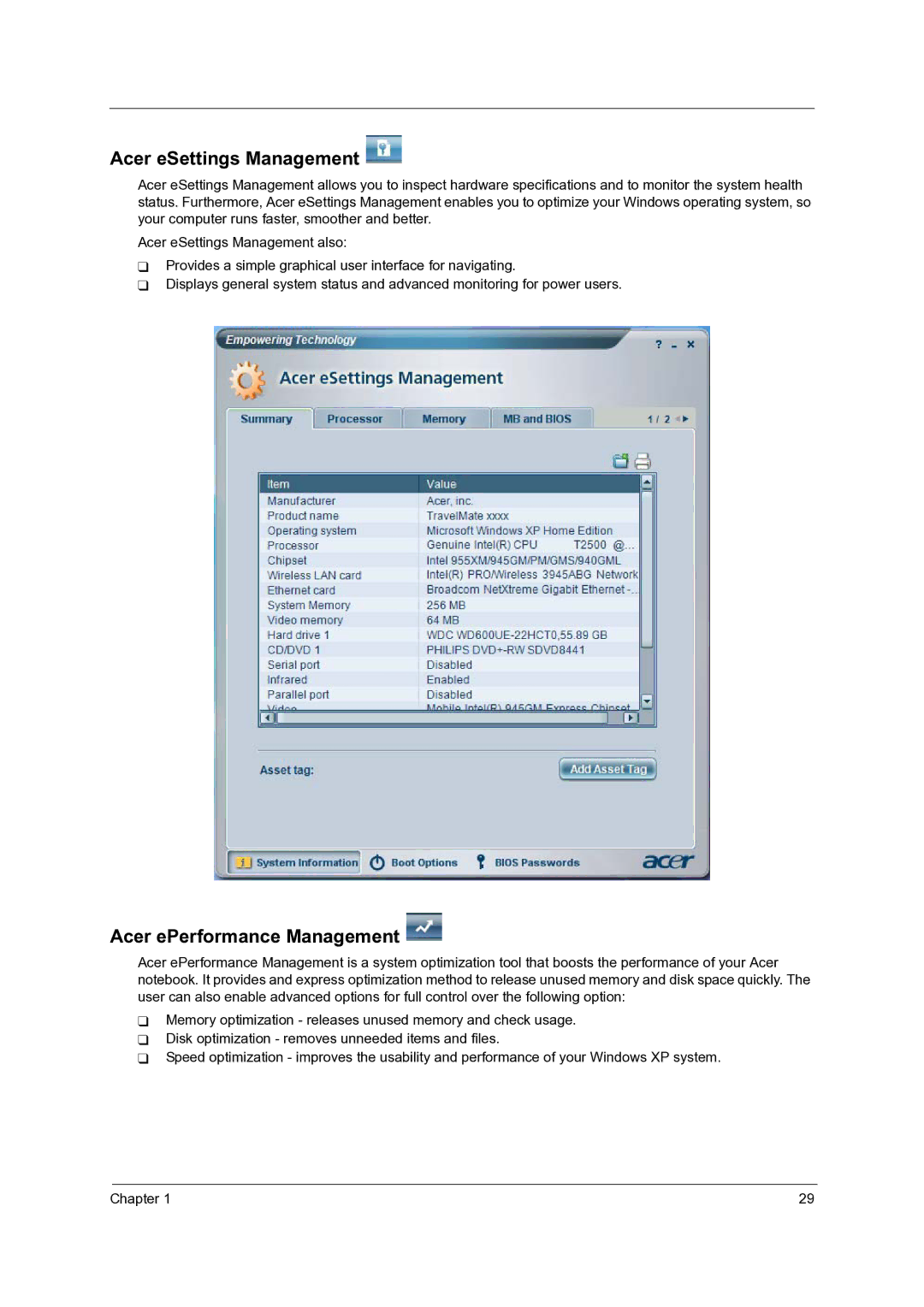 Acer C210 manual Acer eSettings Management, Acer ePerformance Management 