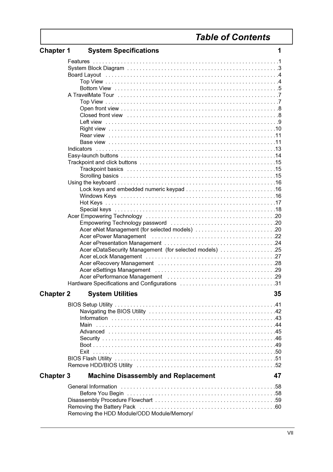 Acer C210 manual Table of Contents 