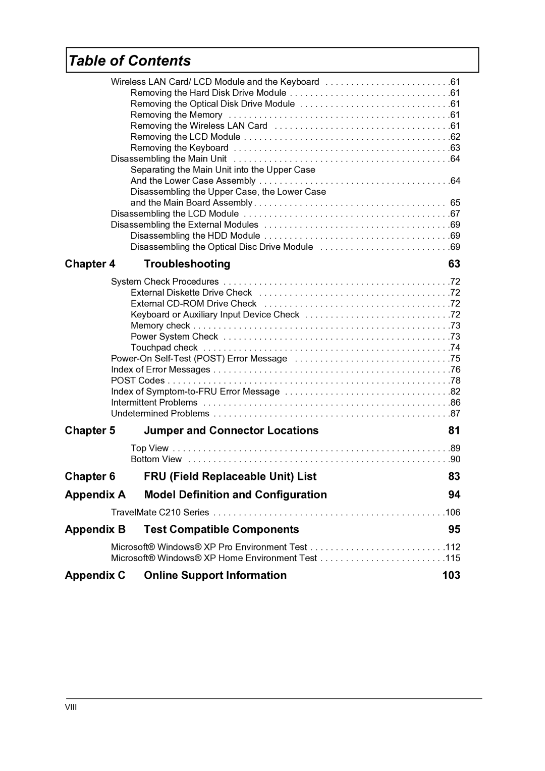 Acer C210 manual Chapter Troubleshooting, Chapter Jumper and Connector Locations, Appendix B Test Compatible Components 