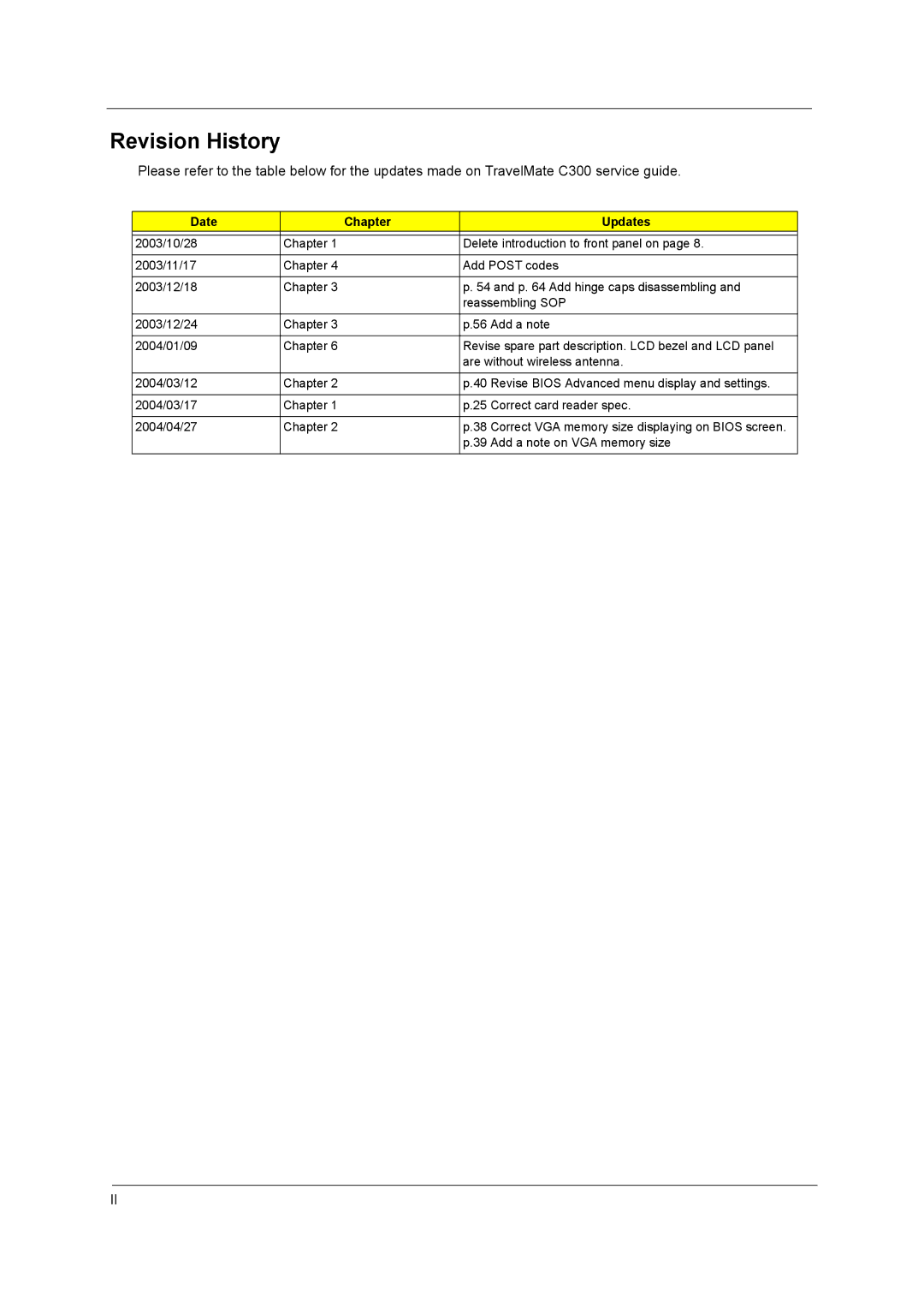 Acer C300 Series manual Revision History, Date Chapter Updates 