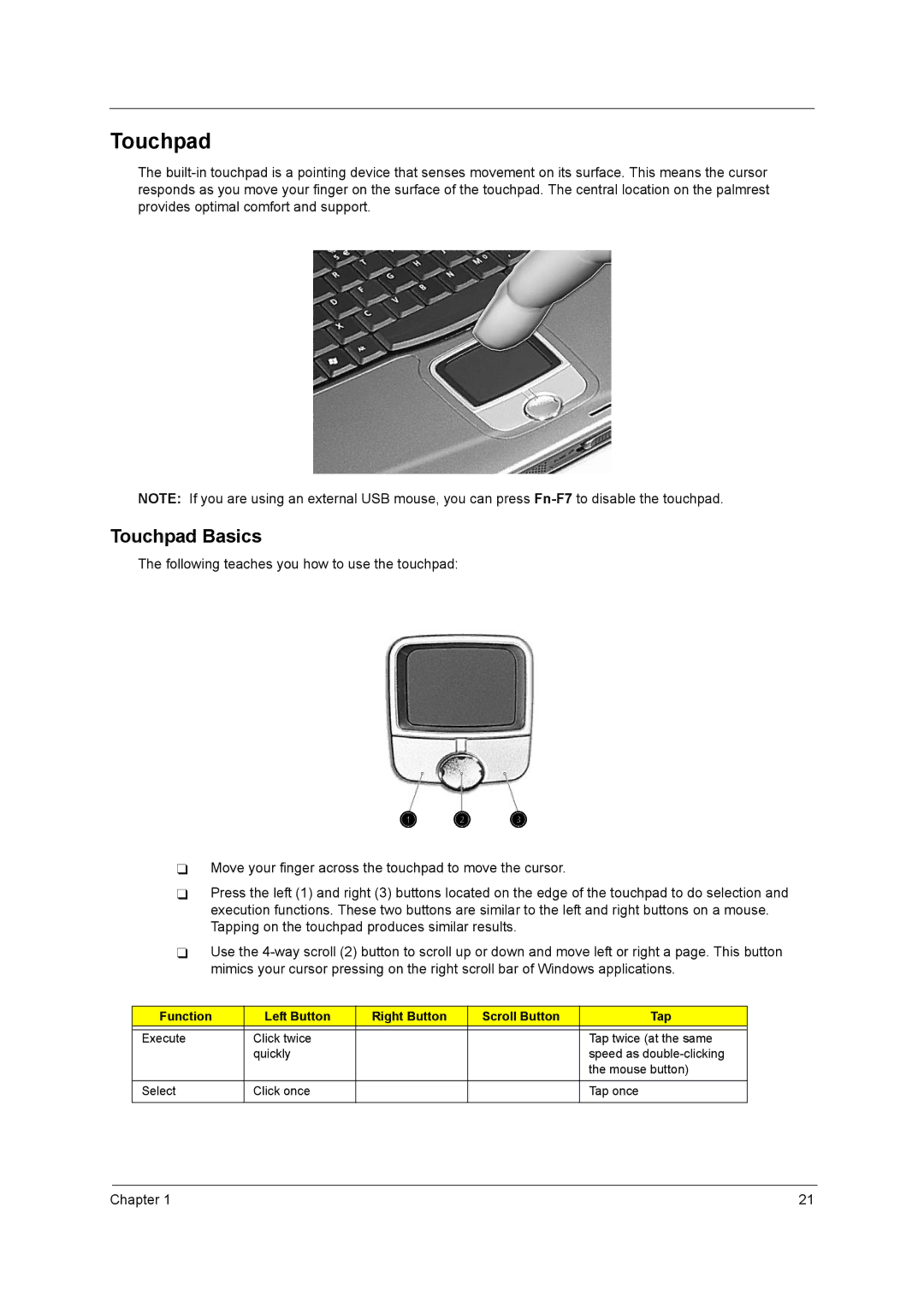 Acer C300 Series manual Touchpad Basics, Function Left Button Right Button Scroll Button Tap 