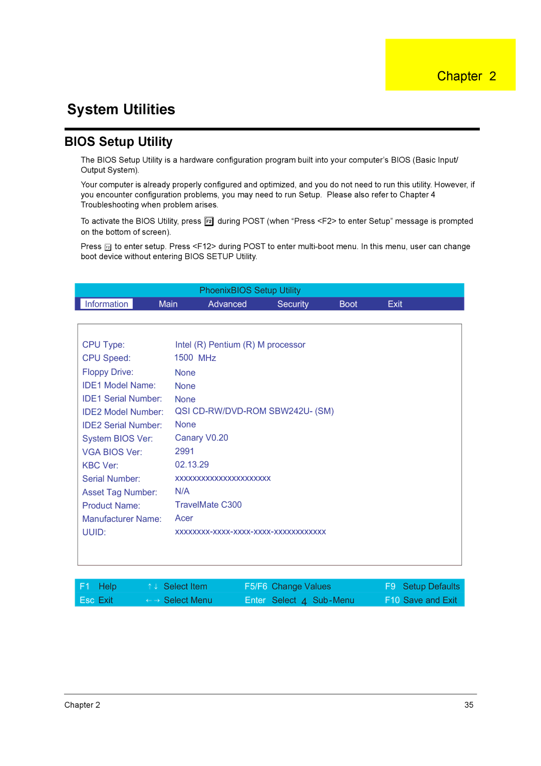 Acer C300 Series manual System Utilities, Bios Setup Utility 