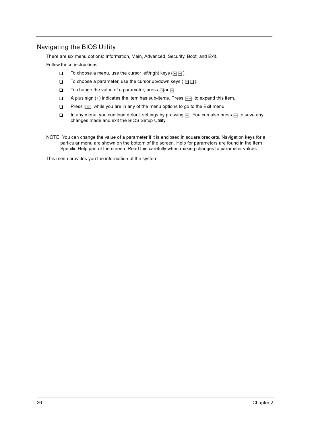 Acer C300 Series manual Navigating the Bios Utility 