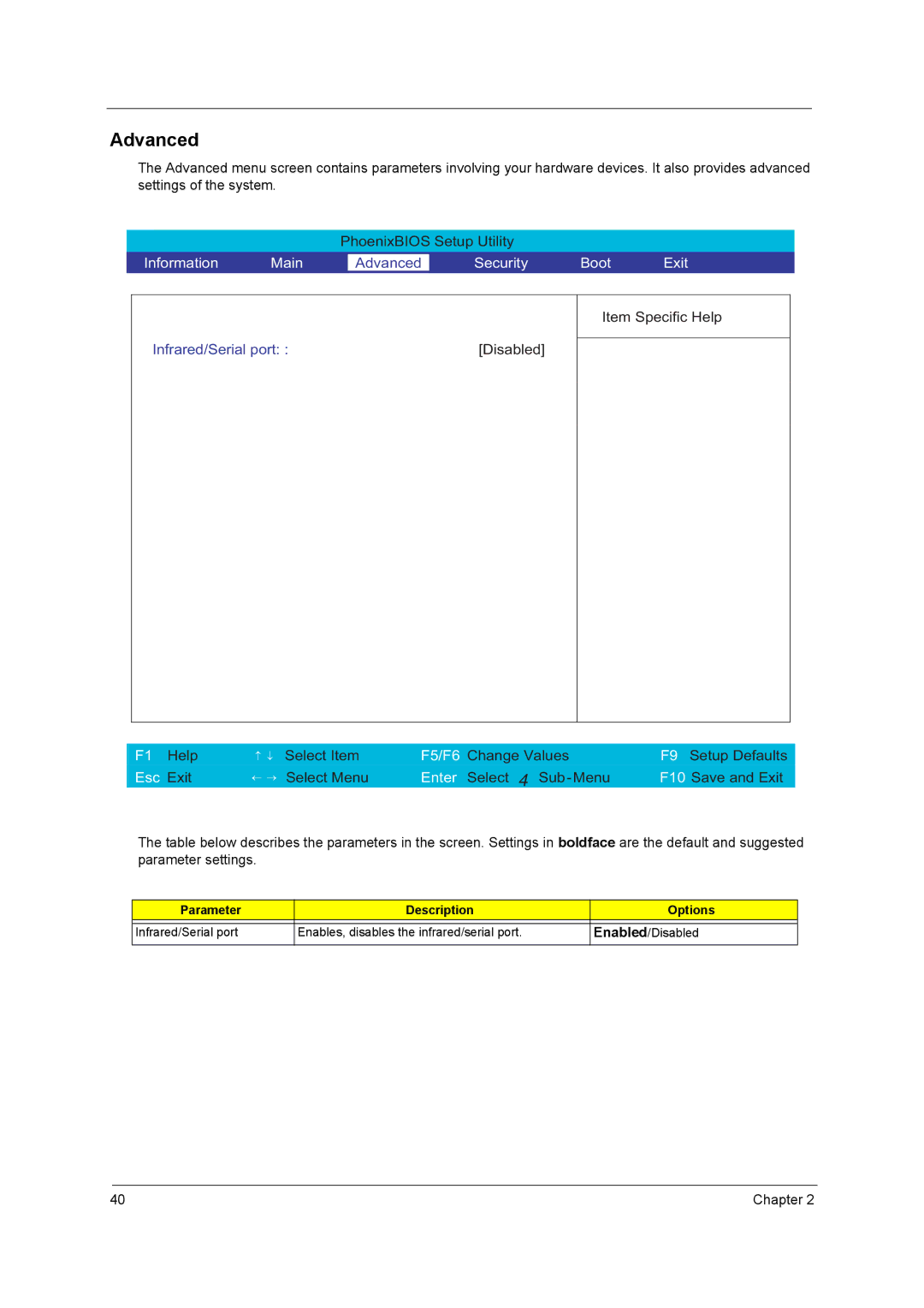 Acer C300 Series manual Advanced, Esc Exit 