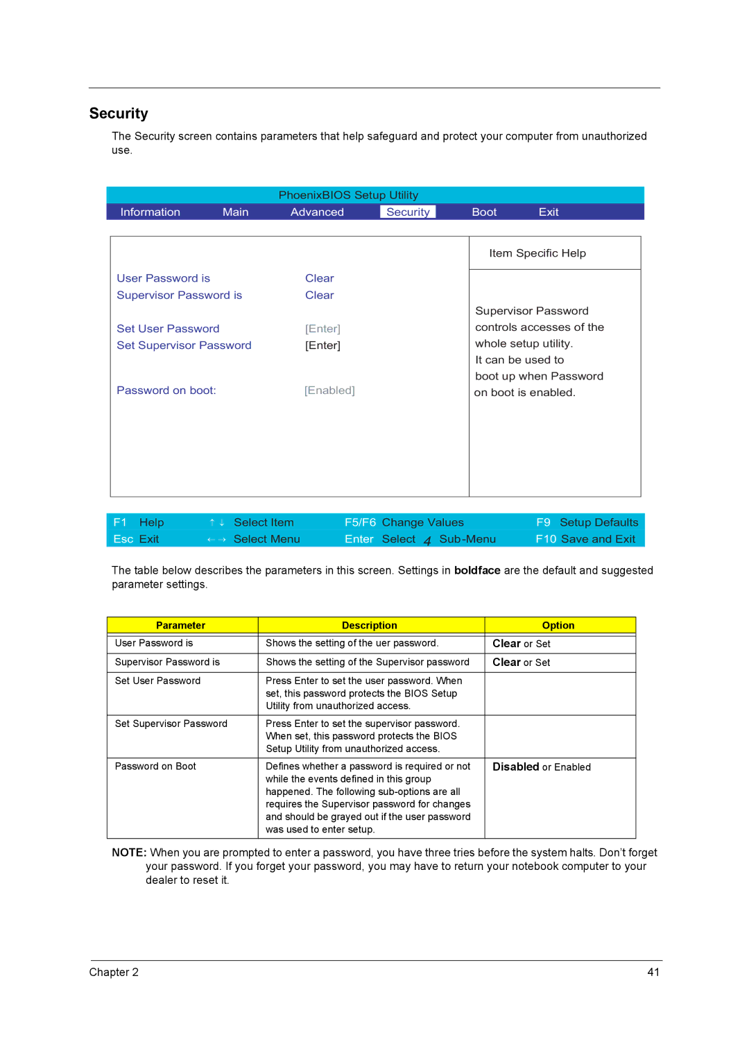 Acer C300 Series manual Security, Clear or Set, Parameter Description Option 