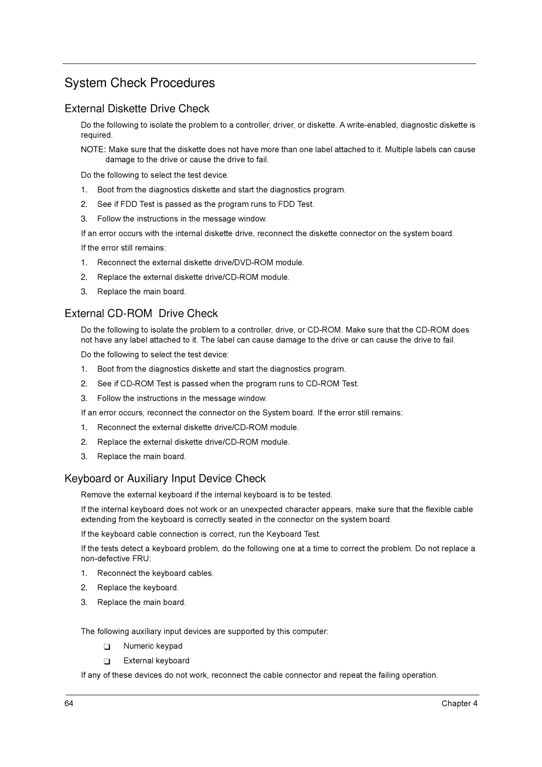 Acer C300 Series manual System Check Procedures, External Diskette Drive Check, External CD-ROM Drive Check 