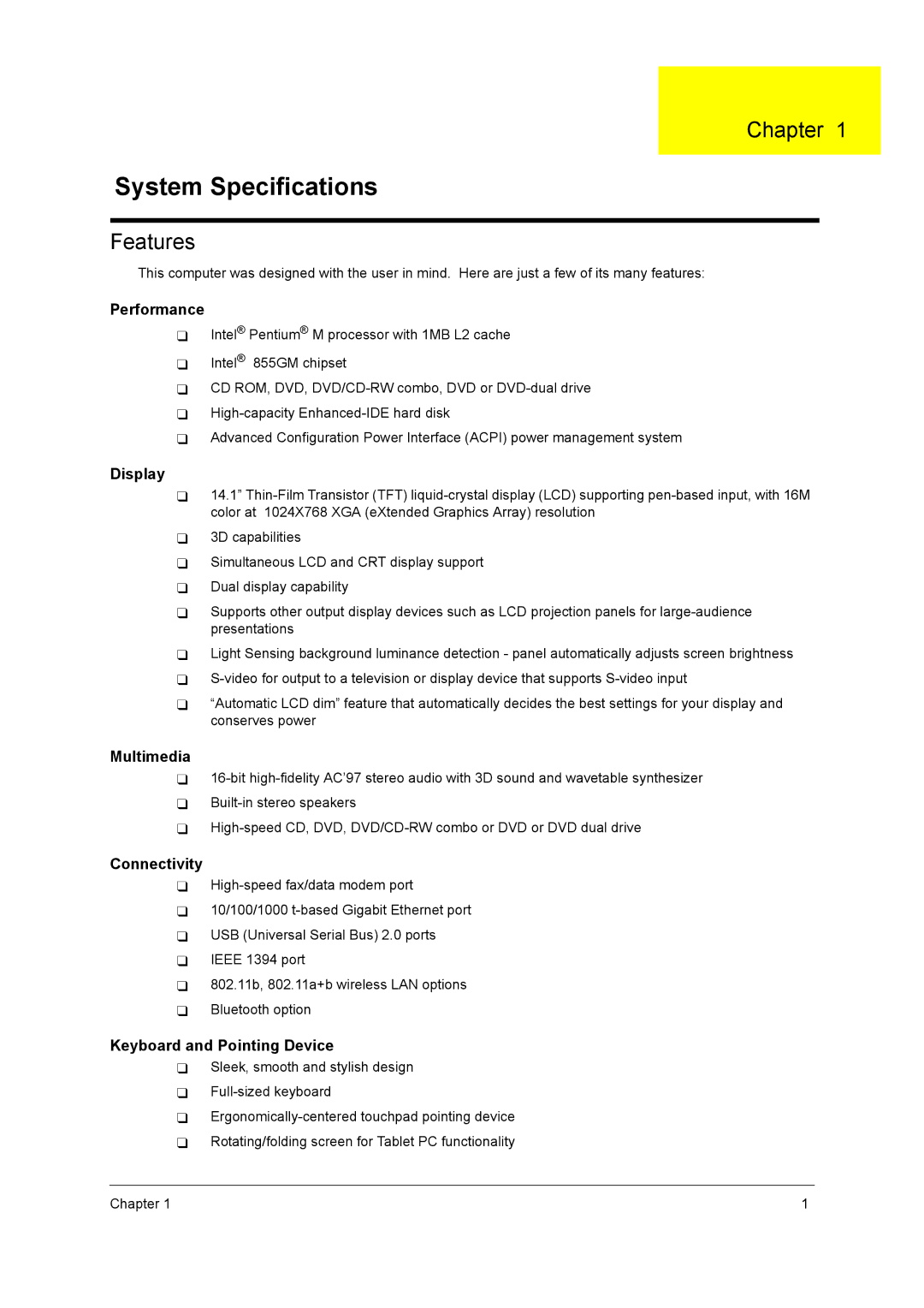 Acer C300 Series manual Chapter, Features 