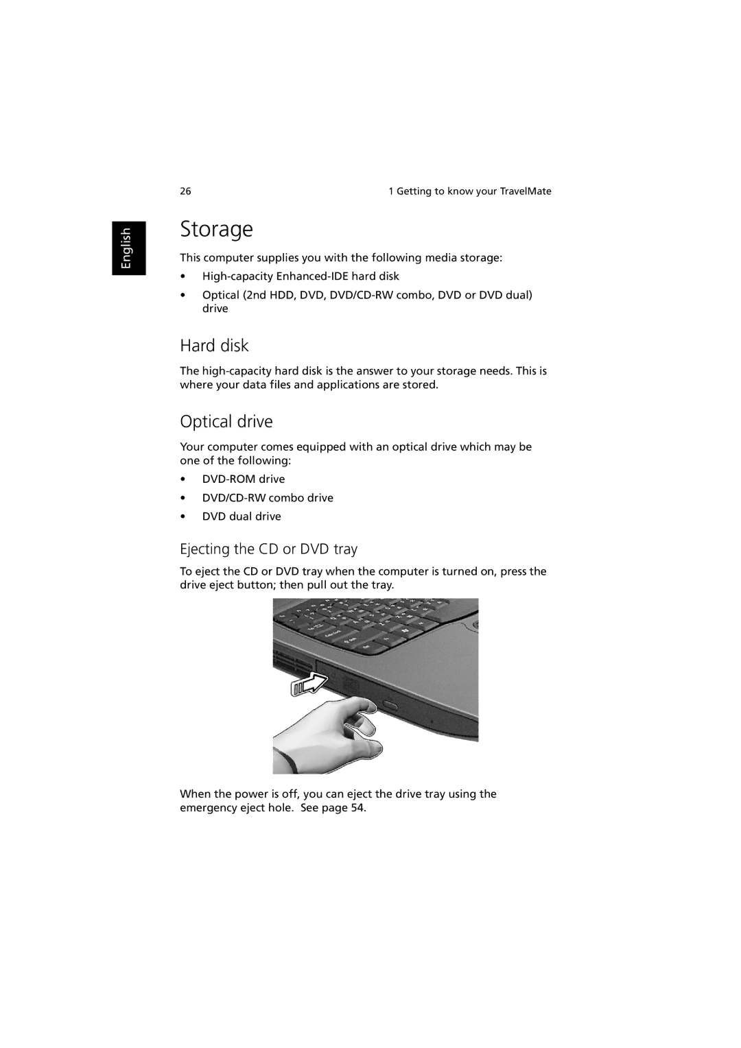 Acer C300 manual Storage, Hard disk, Optical drive, Ejecting the CD or DVD tray 