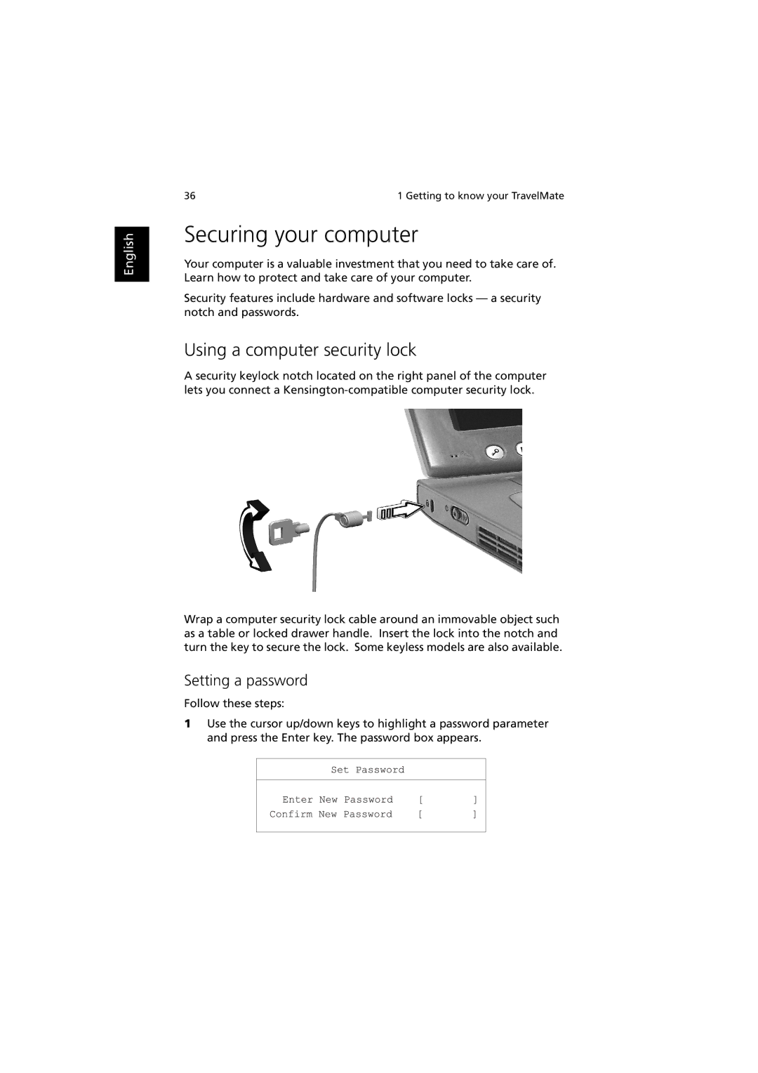 Acer C300 manual Securing your computer, Using a computer security lock, Setting a password 