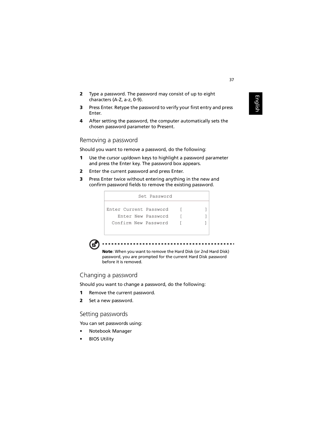 Acer C300 manual Removing a password, Changing a password, Setting passwords 