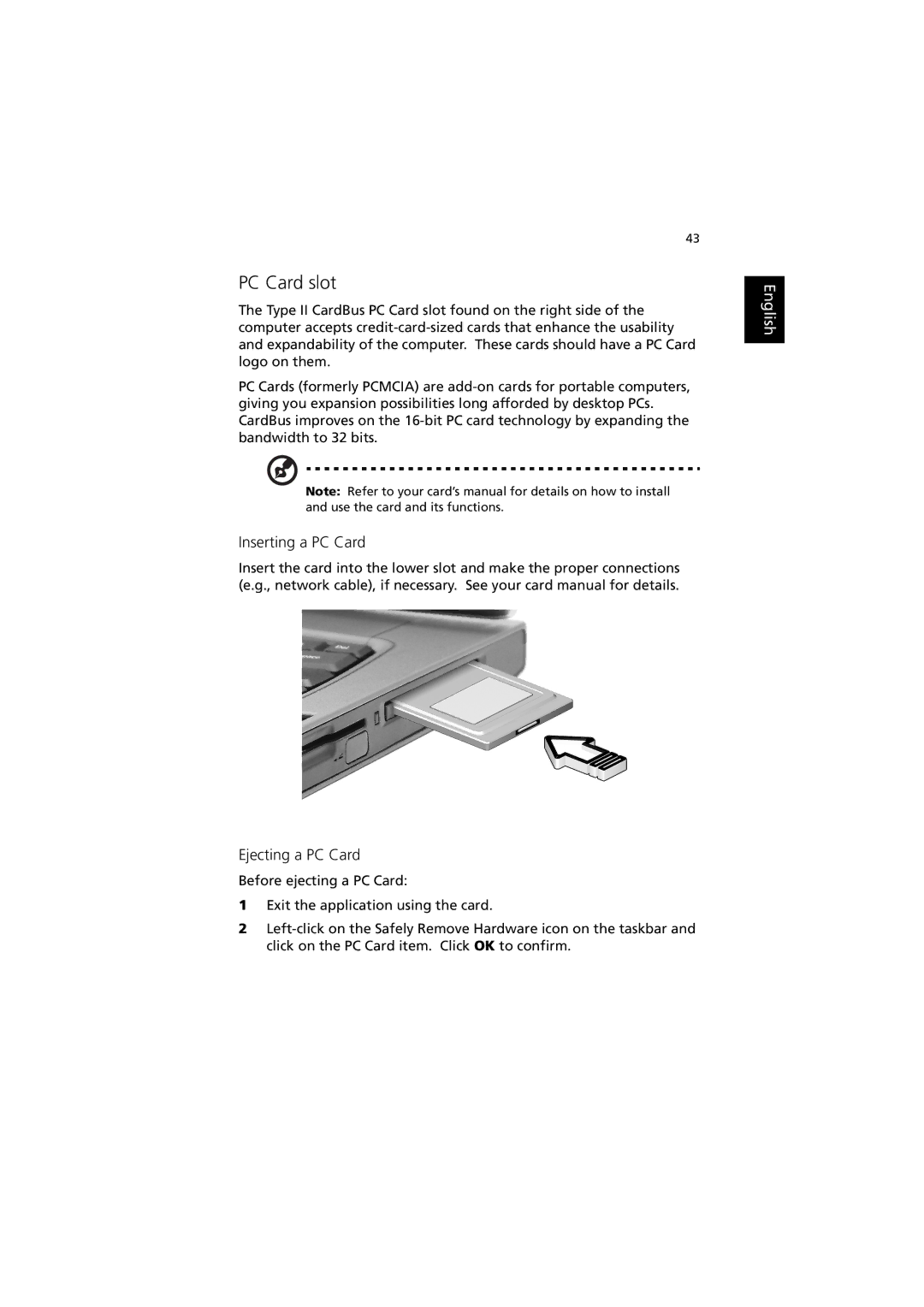 Acer C300 manual PC Card slot, Inserting a PC Card, Ejecting a PC Card 