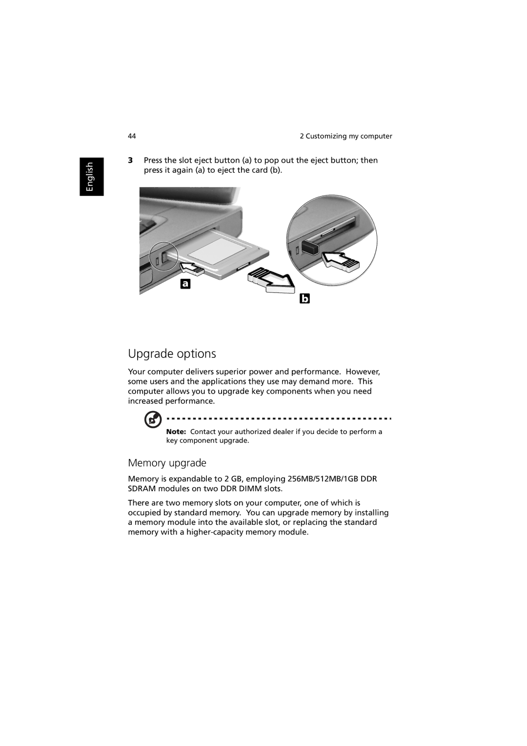 Acer C300 manual Upgrade options, Memory upgrade 