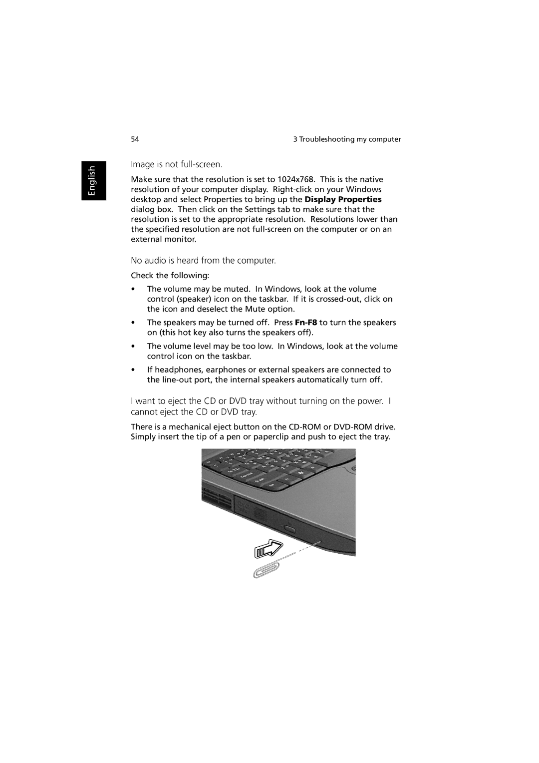 Acer C300 manual Image is not full-screen, No audio is heard from the computer 