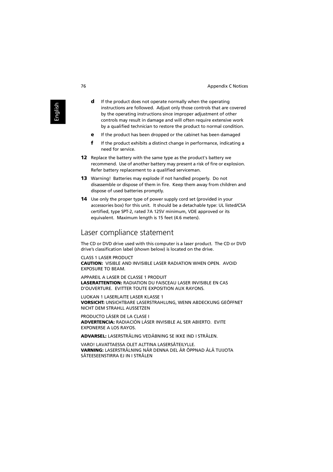 Acer C300 manual Laser compliance statement 