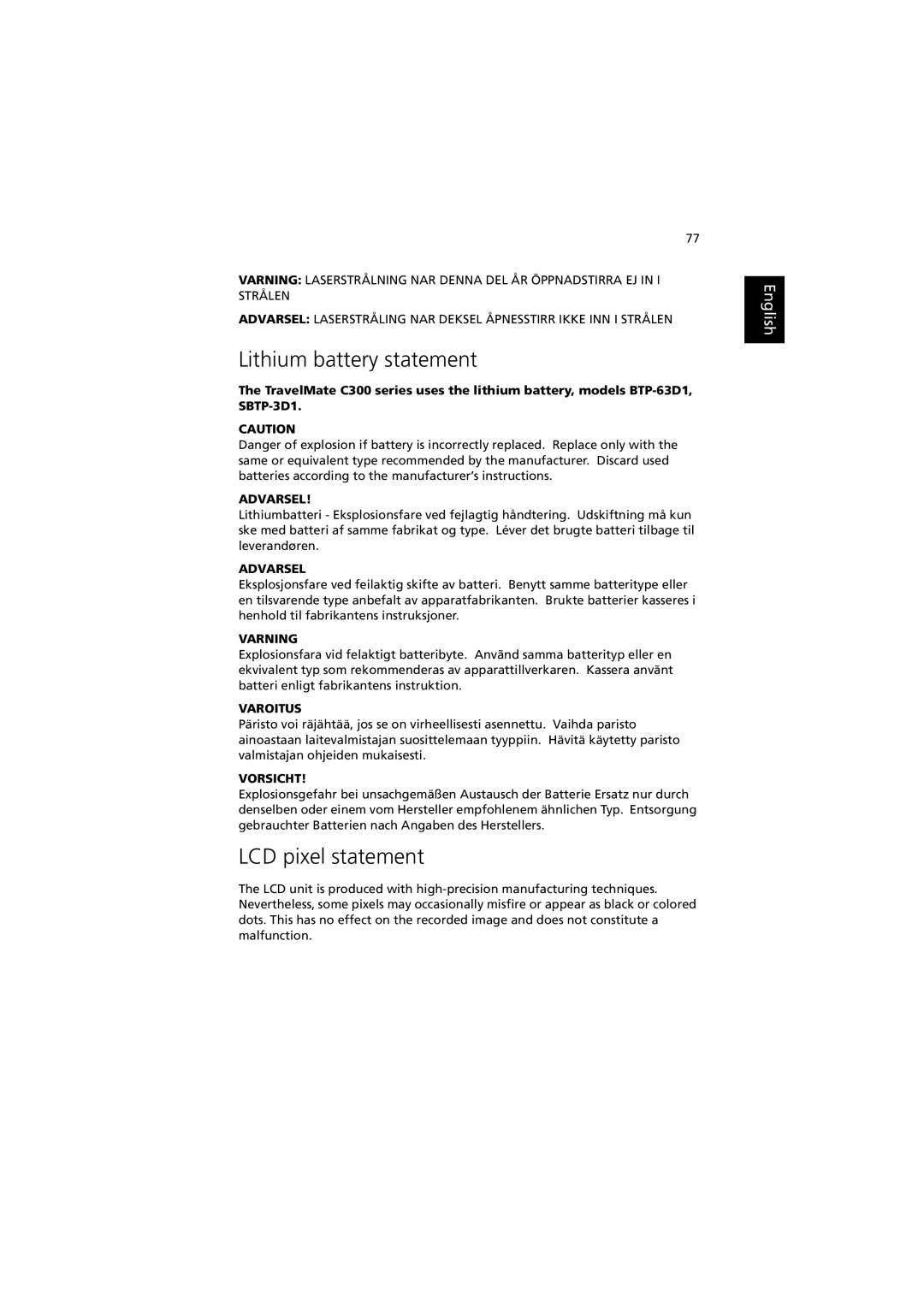 Acer C300 manual Lithium battery statement, LCD pixel statement 