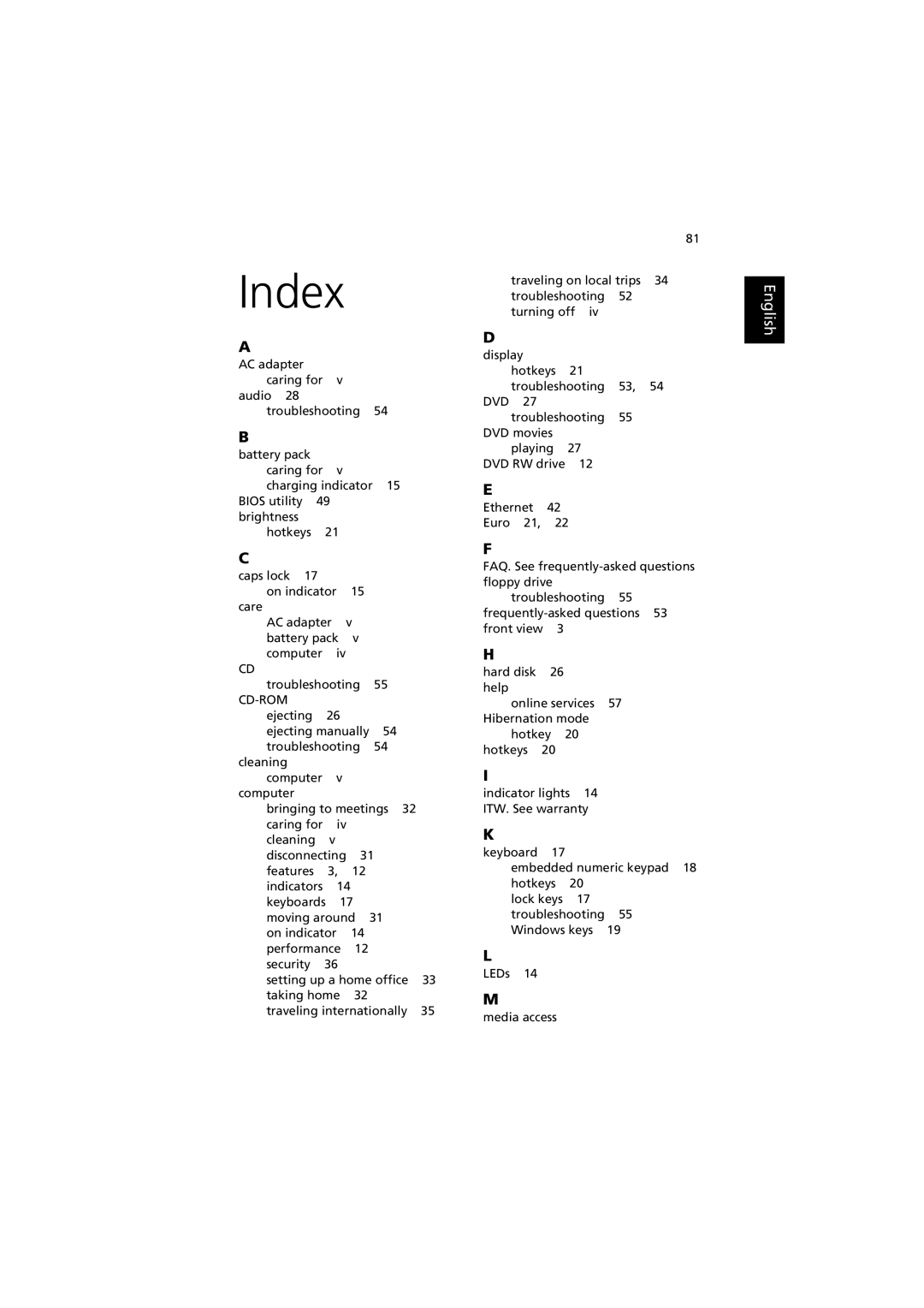 Acer C300 manual Index 