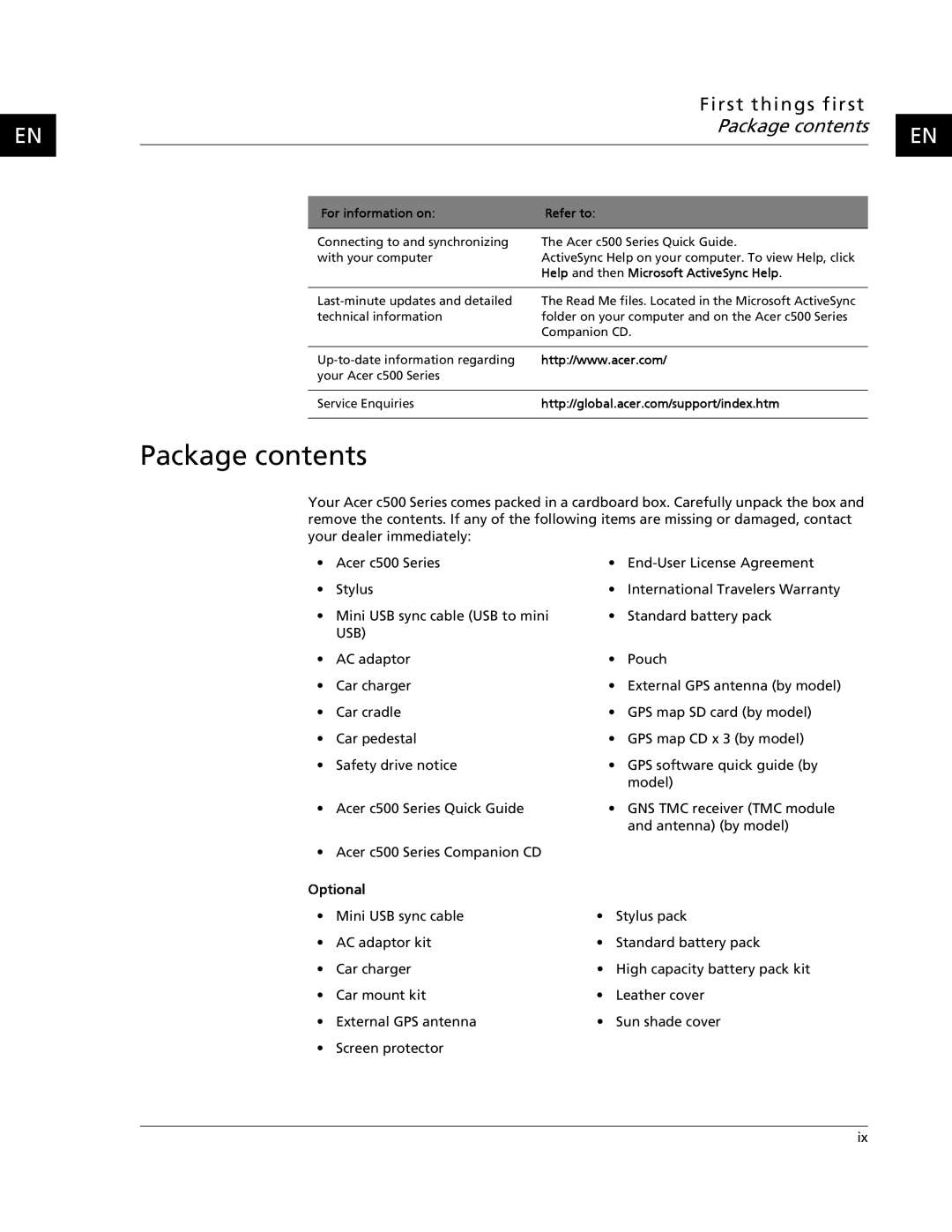 Acer C500 user manual Package contents 