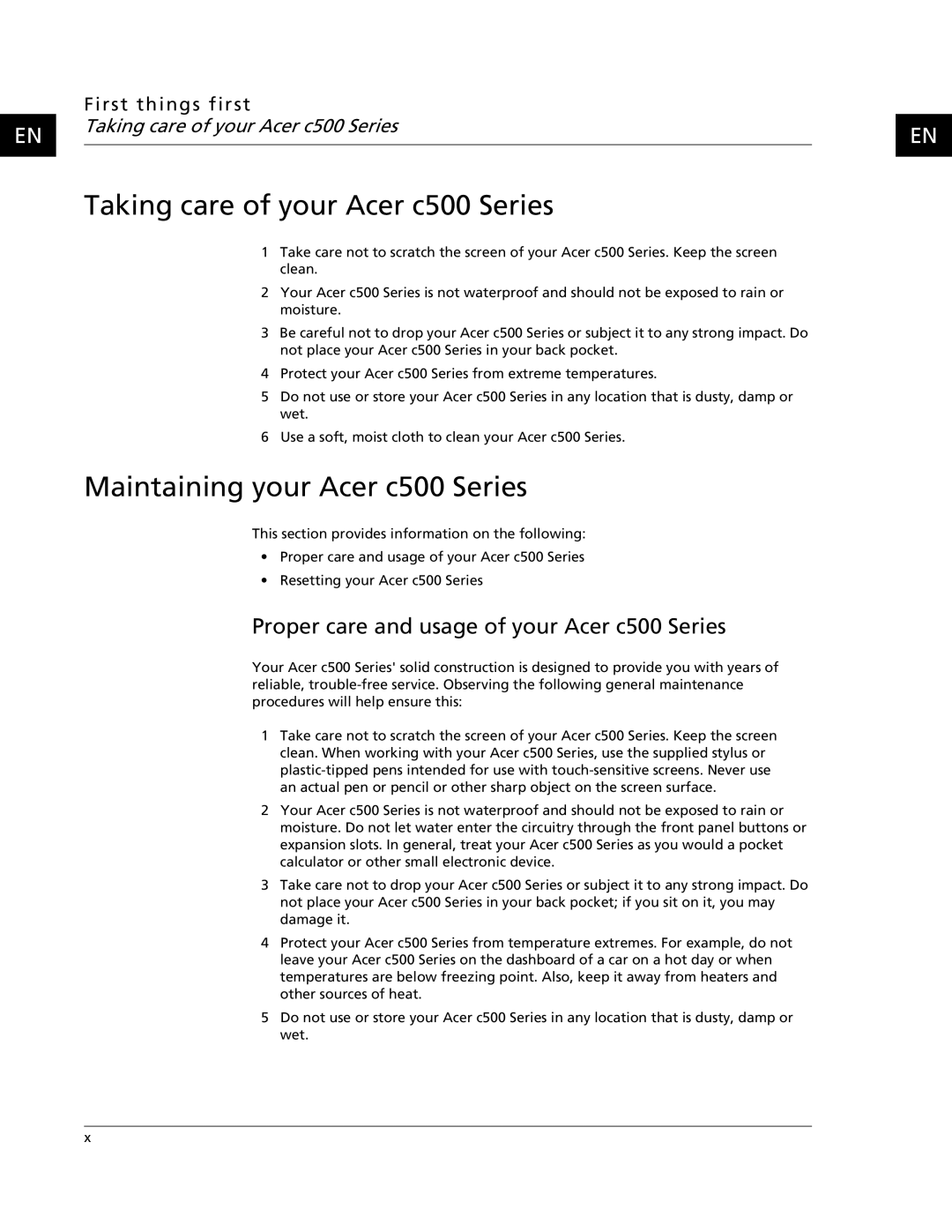 Acer C500 user manual Taking care of your Acer c500 Series, Maintaining your Acer c500 Series 