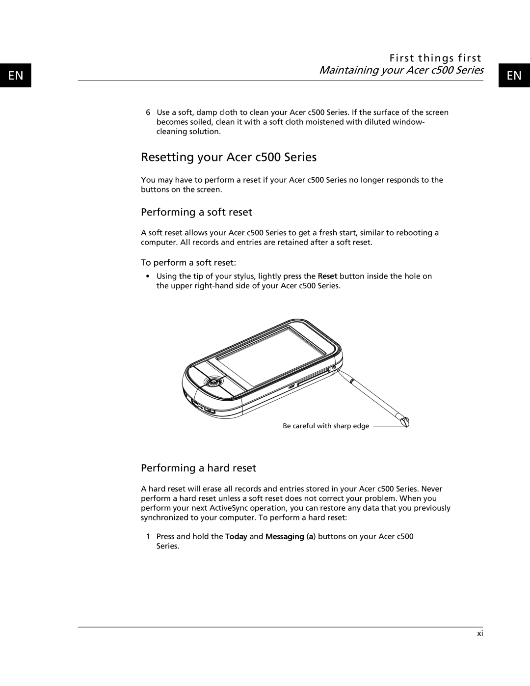 Acer C500 user manual Resetting your Acer c500 Series, Performing a soft reset, Performing a hard reset 