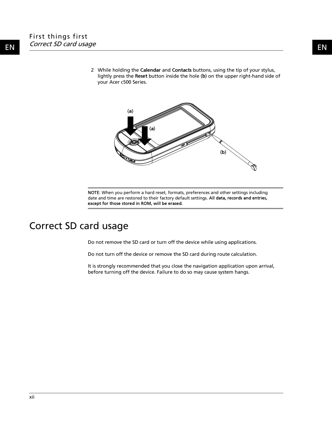 Acer C500 user manual Correct SD card usage 